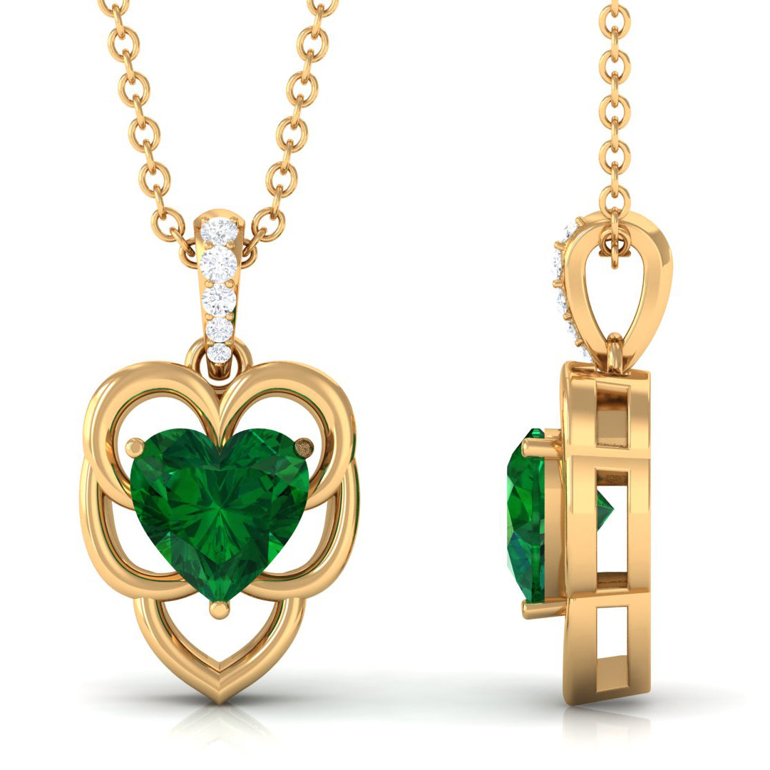 Heart Shape Created Emerald Leaf Pendant with Diamond Accent Bail Lab Created Emerald - ( AAAA ) - Quality - Rosec Jewels