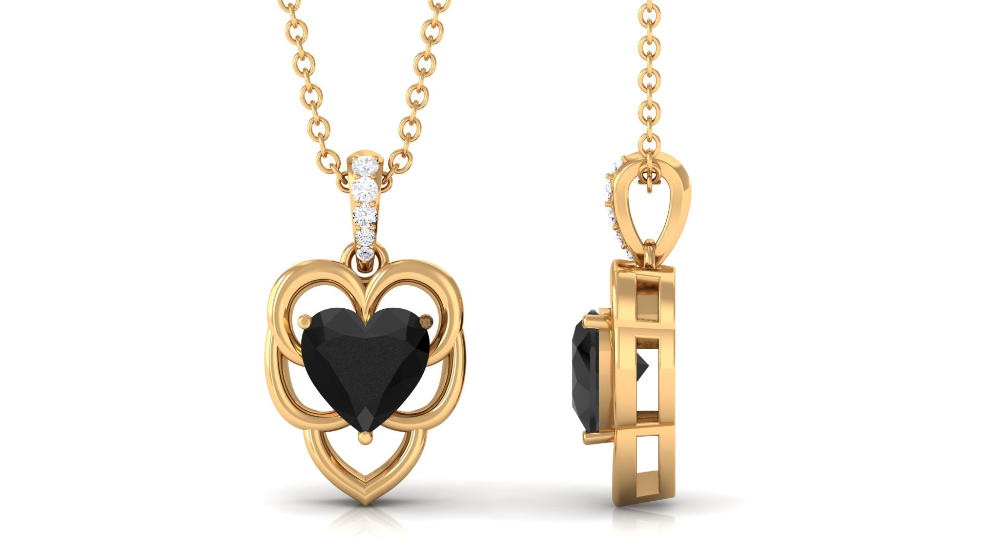 Heart Shape Black Onyx Solitaire Pendant Necklace with Diamond Black Onyx - ( AAA ) - Quality - Rosec Jewels