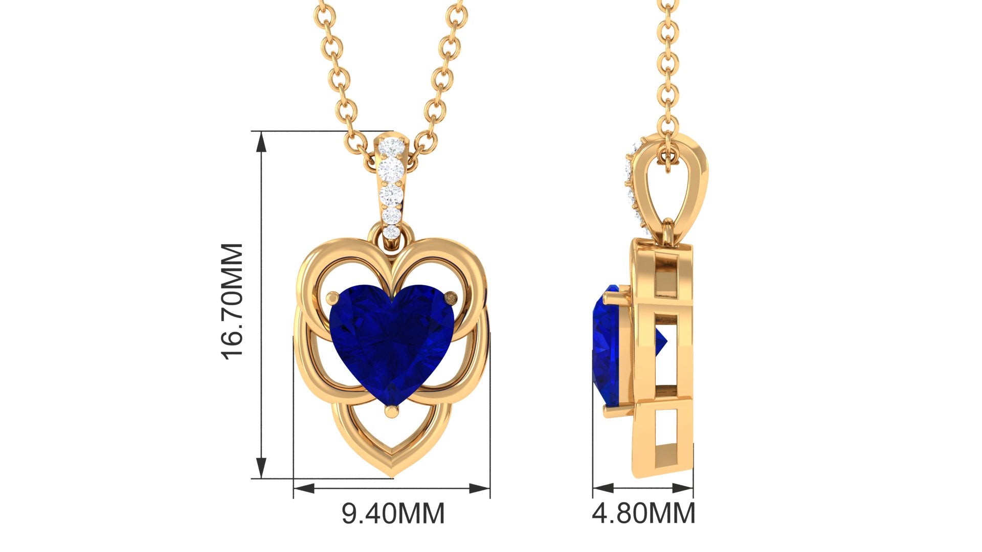 Heart Shape Created Blue Sapphire Leaf Pendant with Diamond Accent Bail Lab Created Blue Sapphire - ( AAAA ) - Quality - Rosec Jewels