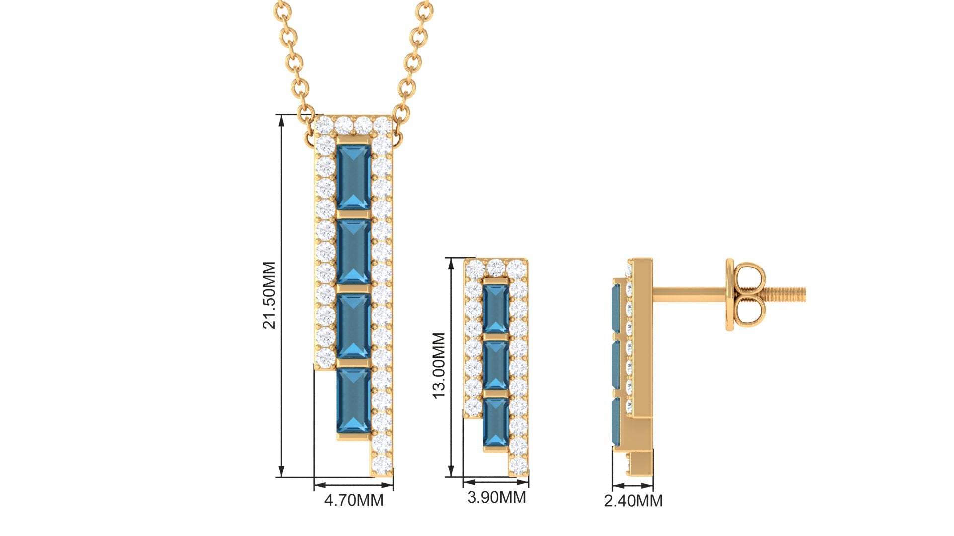 London Blue Topaz Bar Jewelry Set with Diamond London Blue Topaz - ( AAA ) - Quality - Rosec Jewels