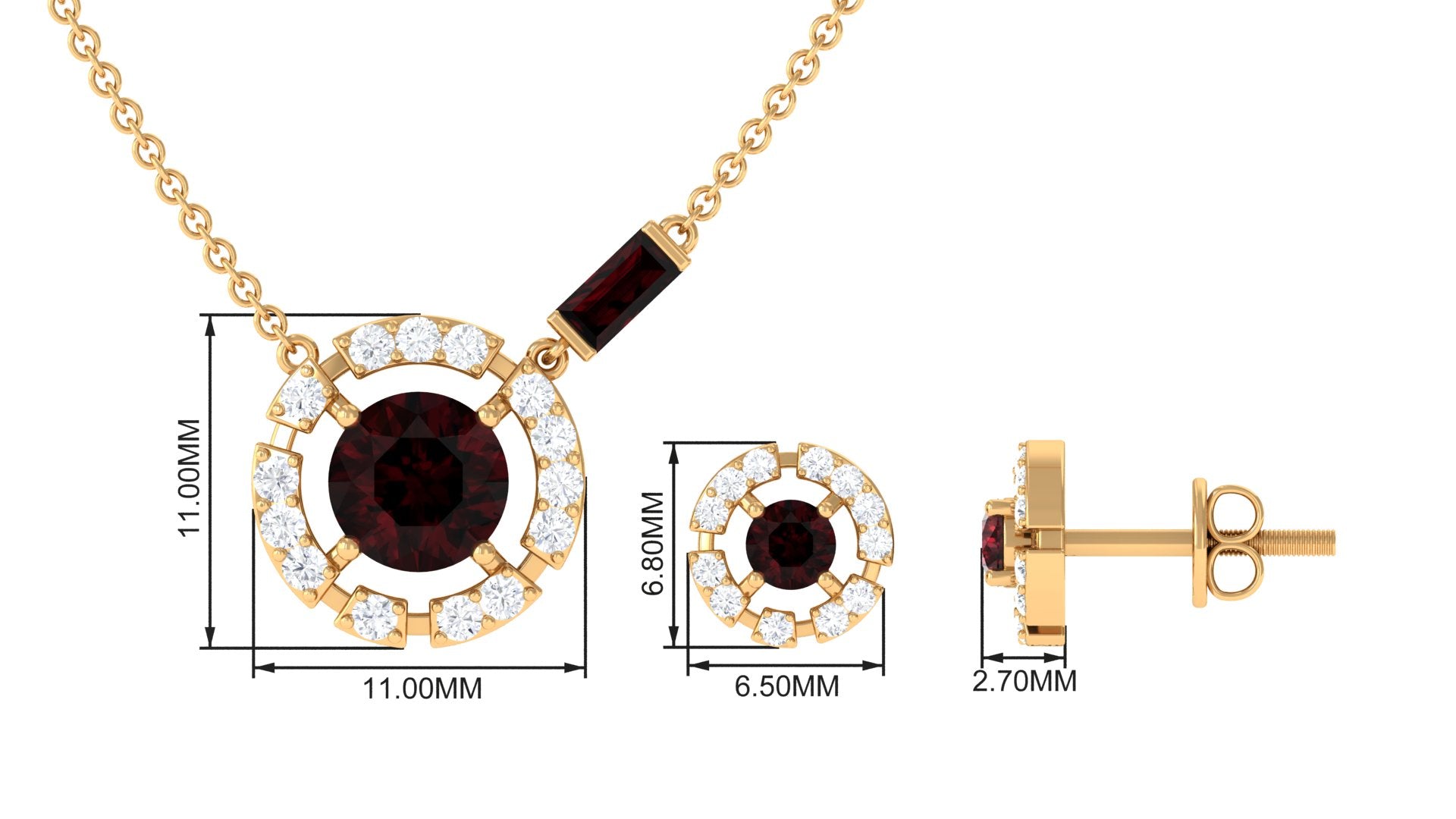 Real Garnet Pendant Necklace and Earrings Set With Diamond Garnet - ( AAA ) - Quality - Rosec Jewels