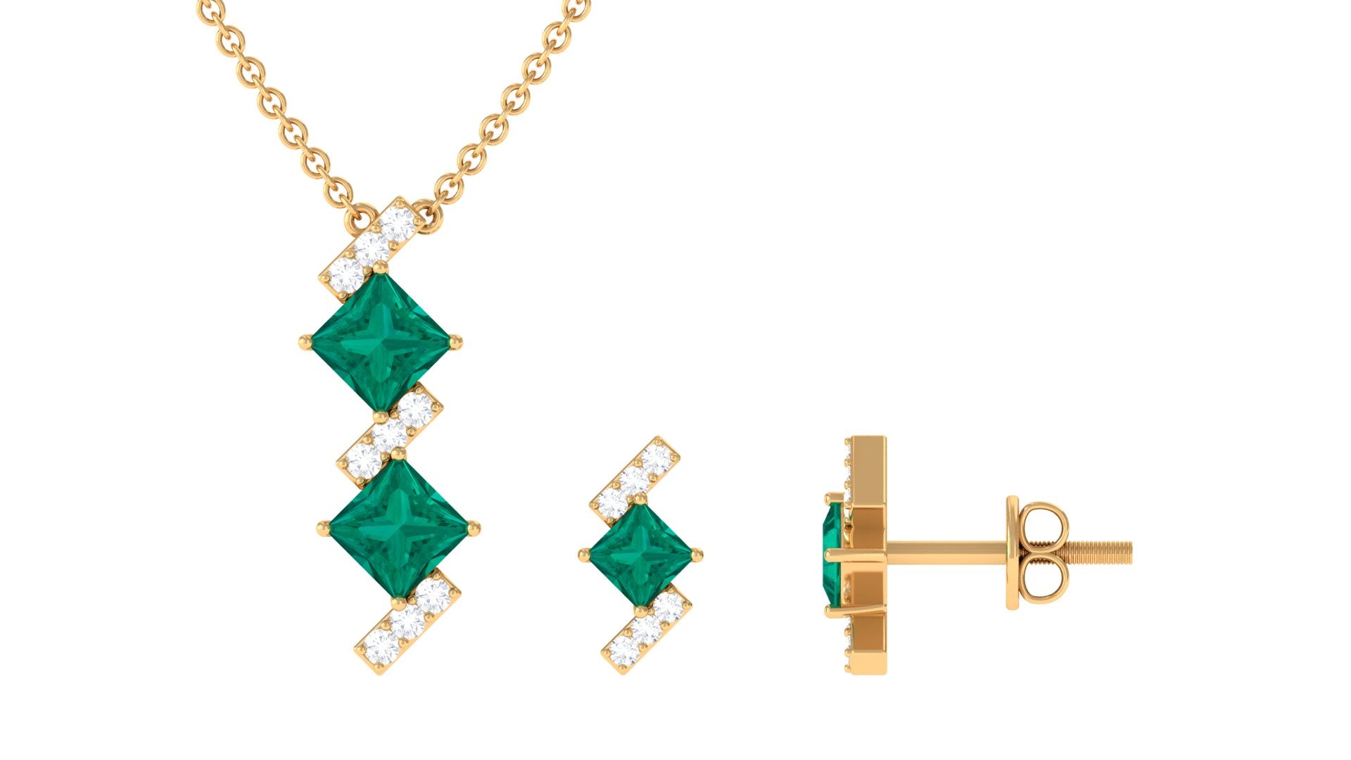 Princess Cut Emerald Modern Jewelry Set with Diamond Emerald - ( AAA ) - Quality - Rosec Jewels