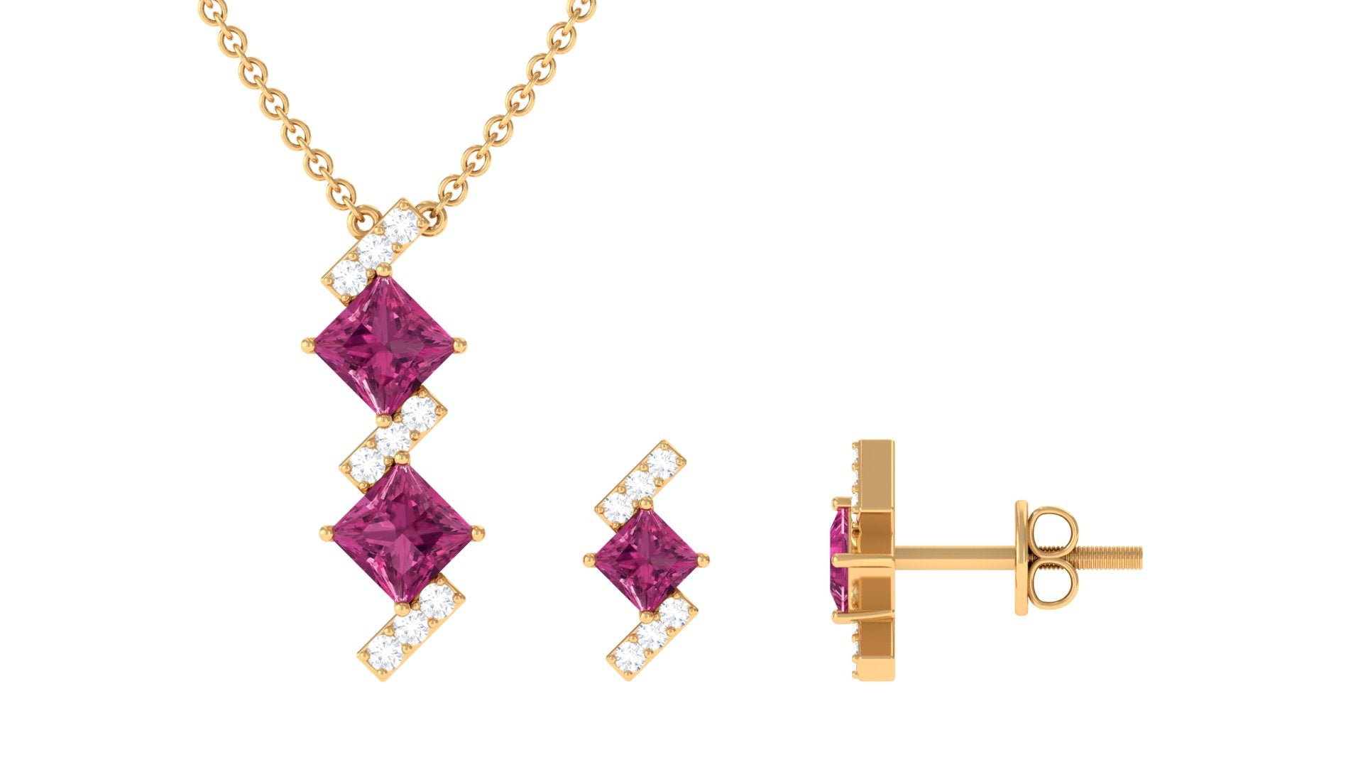 Princess Cut Pink Tourmaline Modern Jewelry Set with Diamond Pink Tourmaline - ( AAA ) - Quality - Rosec Jewels