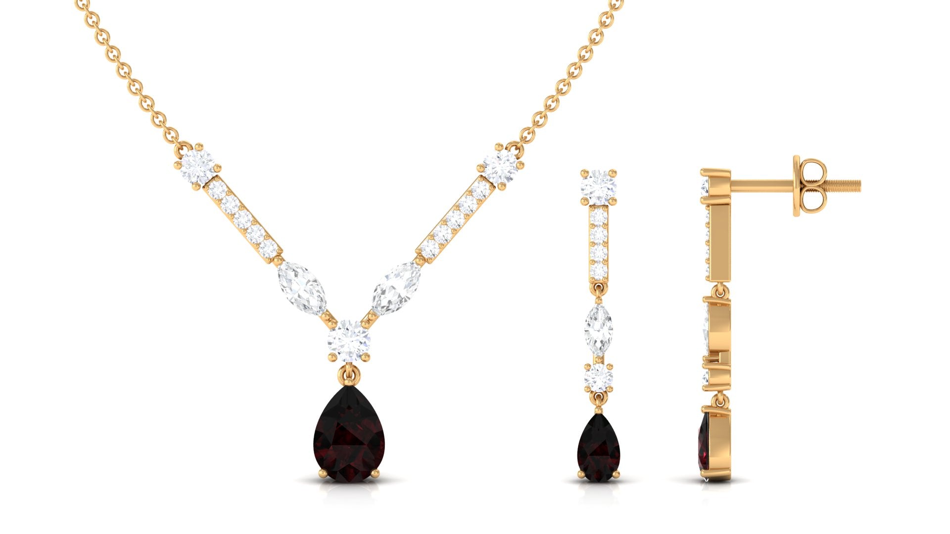 Pear Shape Garnet and Moissanite Drop Jewelry Set Garnet - ( AAA ) - Quality - Rosec Jewels