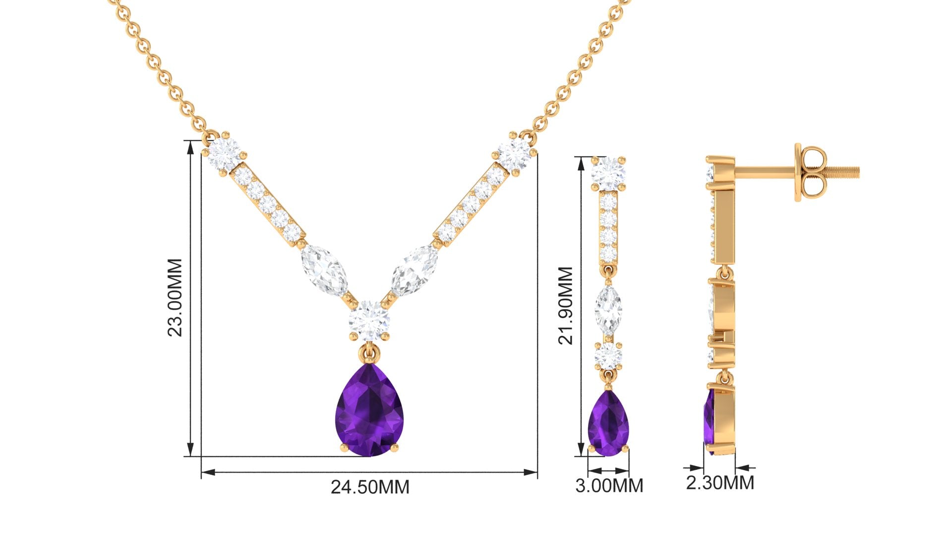 Amethyst and Moissanite Drop Necklace Earrings Set Amethyst - ( AAA ) - Quality - Rosec Jewels