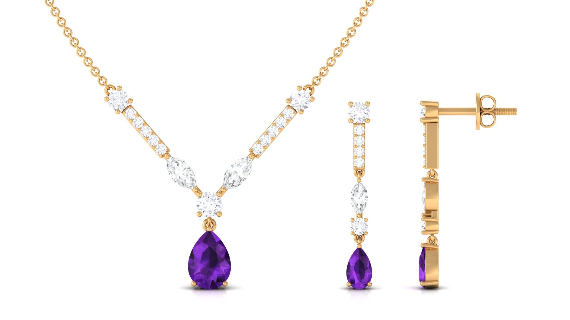 Amethyst and Moissanite Drop Necklace Earrings Set Amethyst - ( AAA ) - Quality - Rosec Jewels