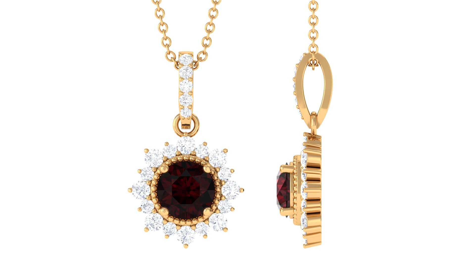 Garnet Beaded Pendant Necklace with Diamond Halo Garnet - ( AAA ) - Quality - Rosec Jewels