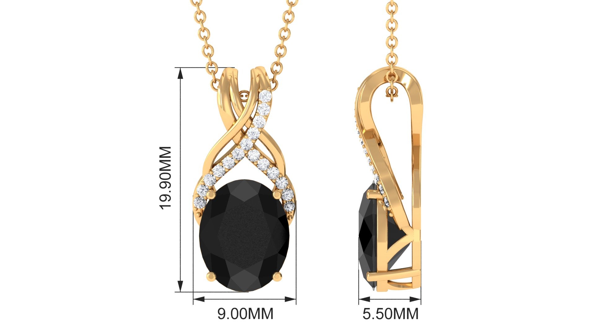 Designer Oval Black Onyx Solitaire Pendant with Diamond Twisted Bail Black Onyx - ( AAA ) - Quality - Rosec Jewels