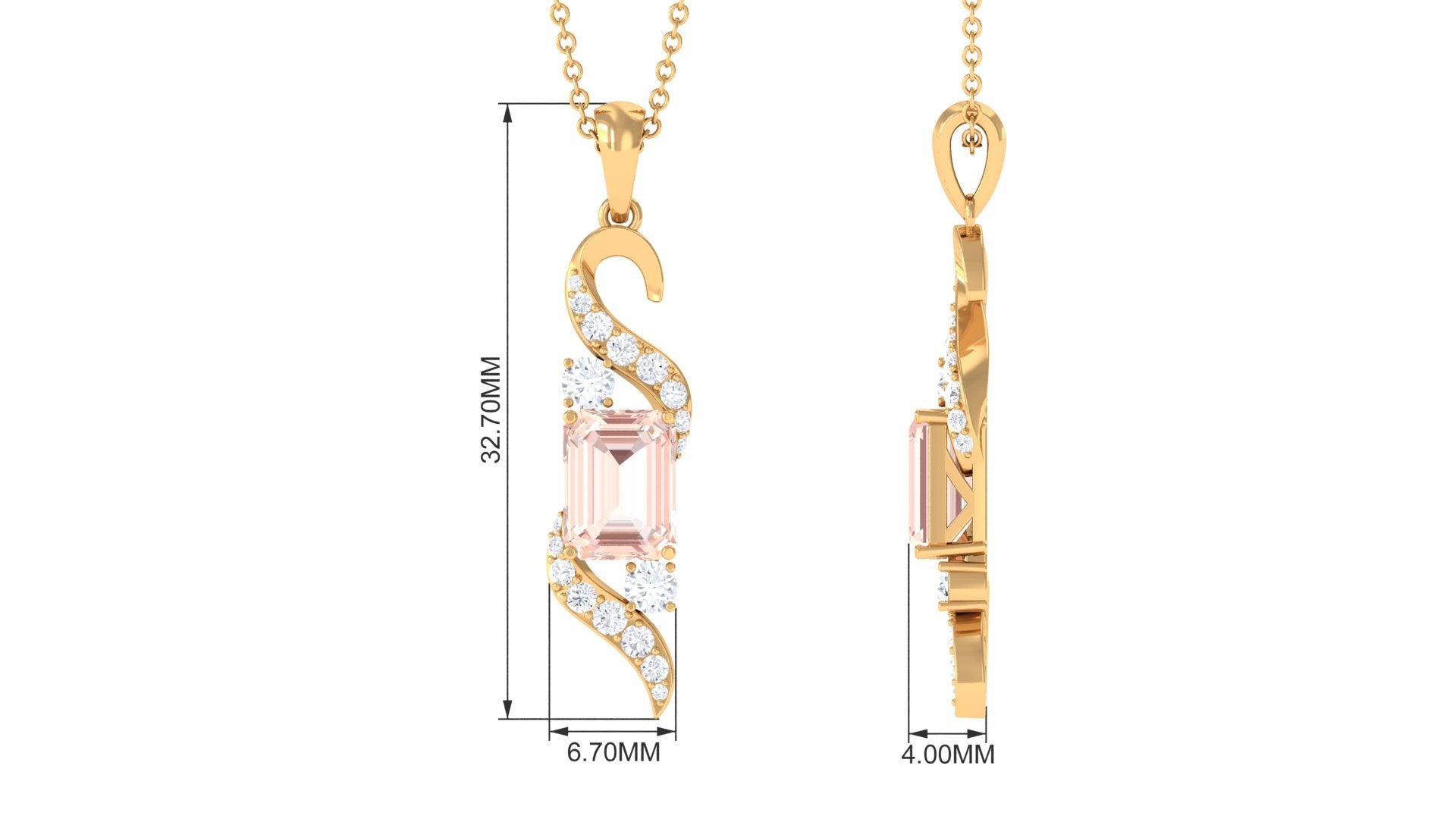 Emerald Cut Morganite and Diamond Drop Pendant Necklace Morganite - ( AAA ) - Quality - Rosec Jewels