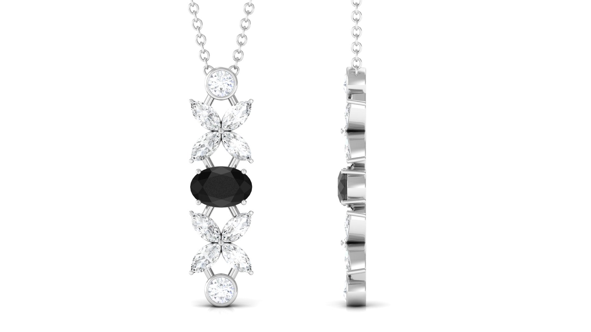 Oval Black Onyx and Moissanite Flower Dangle Necklace Black Onyx - ( AAA ) - Quality - Rosec Jewels