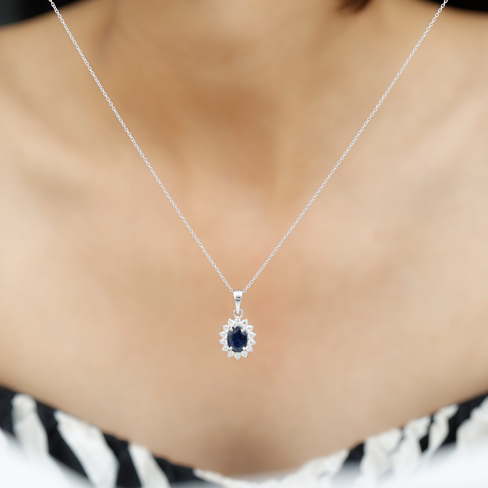 Oval Cut Created Blue Sapphire Halo Pendant Necklace with Diamond Lab Created Blue Sapphire - ( AAAA ) - Quality - Rosec Jewels