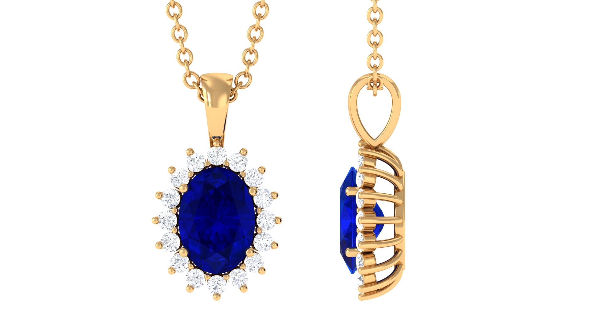 Oval Cut Created Blue Sapphire Halo Pendant Necklace with Diamond Lab Created Blue Sapphire - ( AAAA ) - Quality - Rosec Jewels