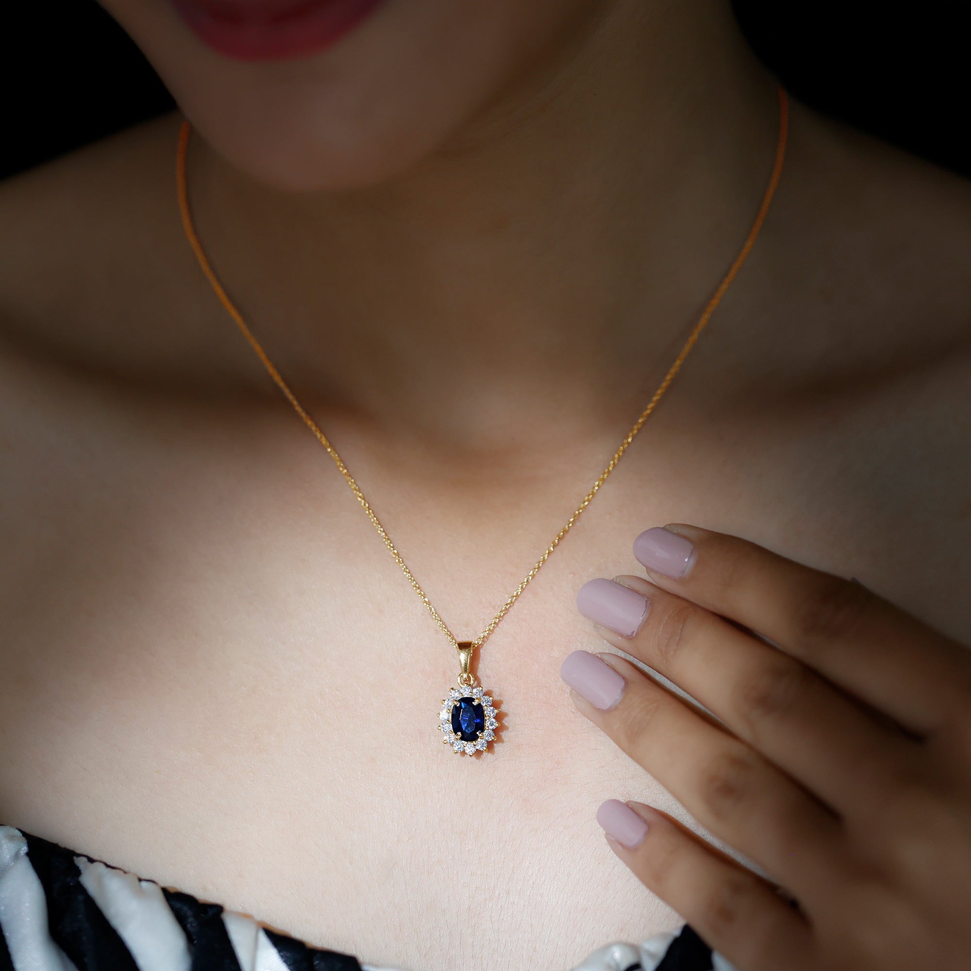 Oval Cut Created Blue Sapphire Halo Pendant Necklace with Diamond Lab Created Blue Sapphire - ( AAAA ) - Quality - Rosec Jewels