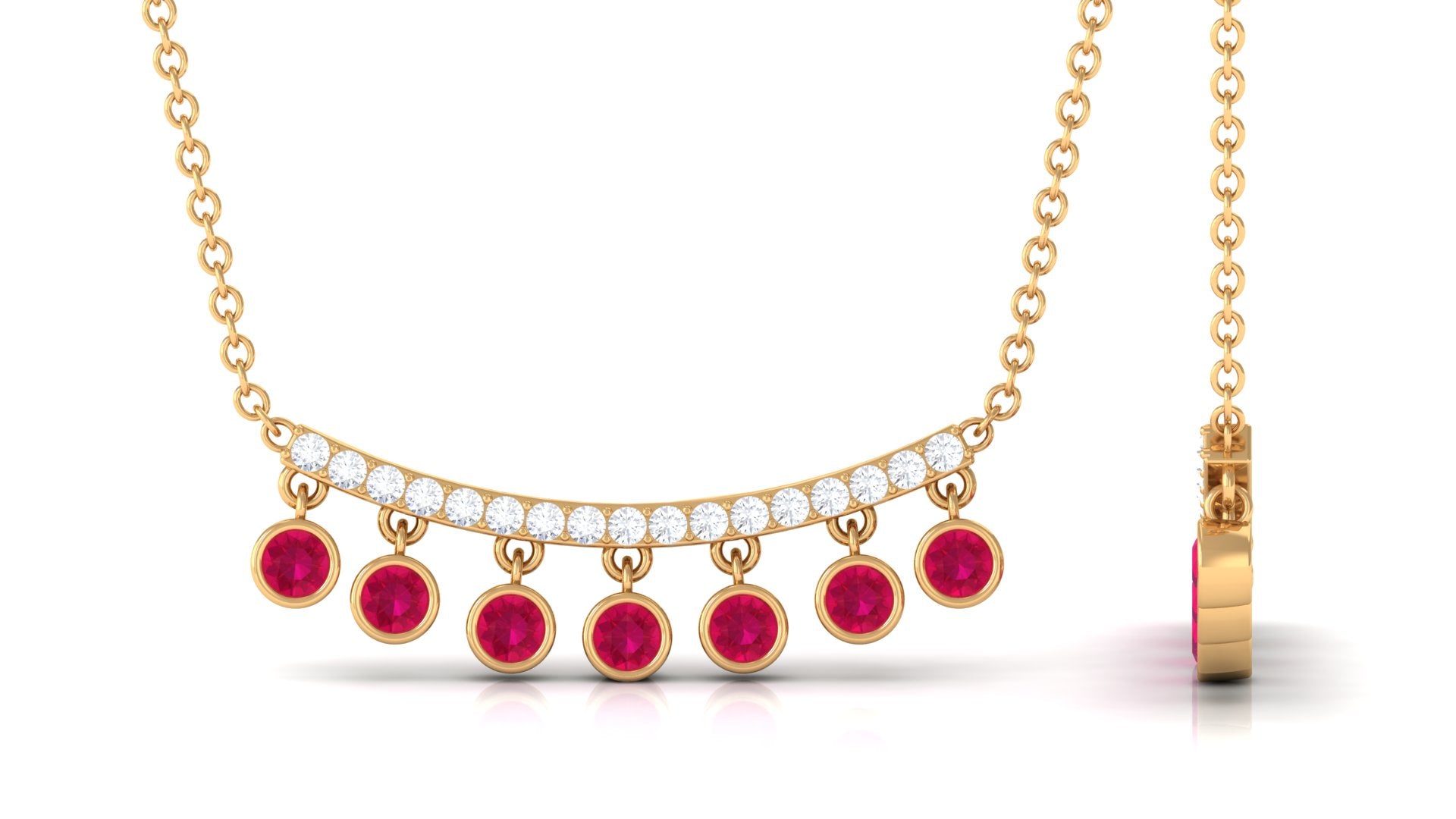 Bezel Set Ruby Seven Stone Bar Necklace with Diamond Ruby - ( AAA ) - Quality - Rosec Jewels