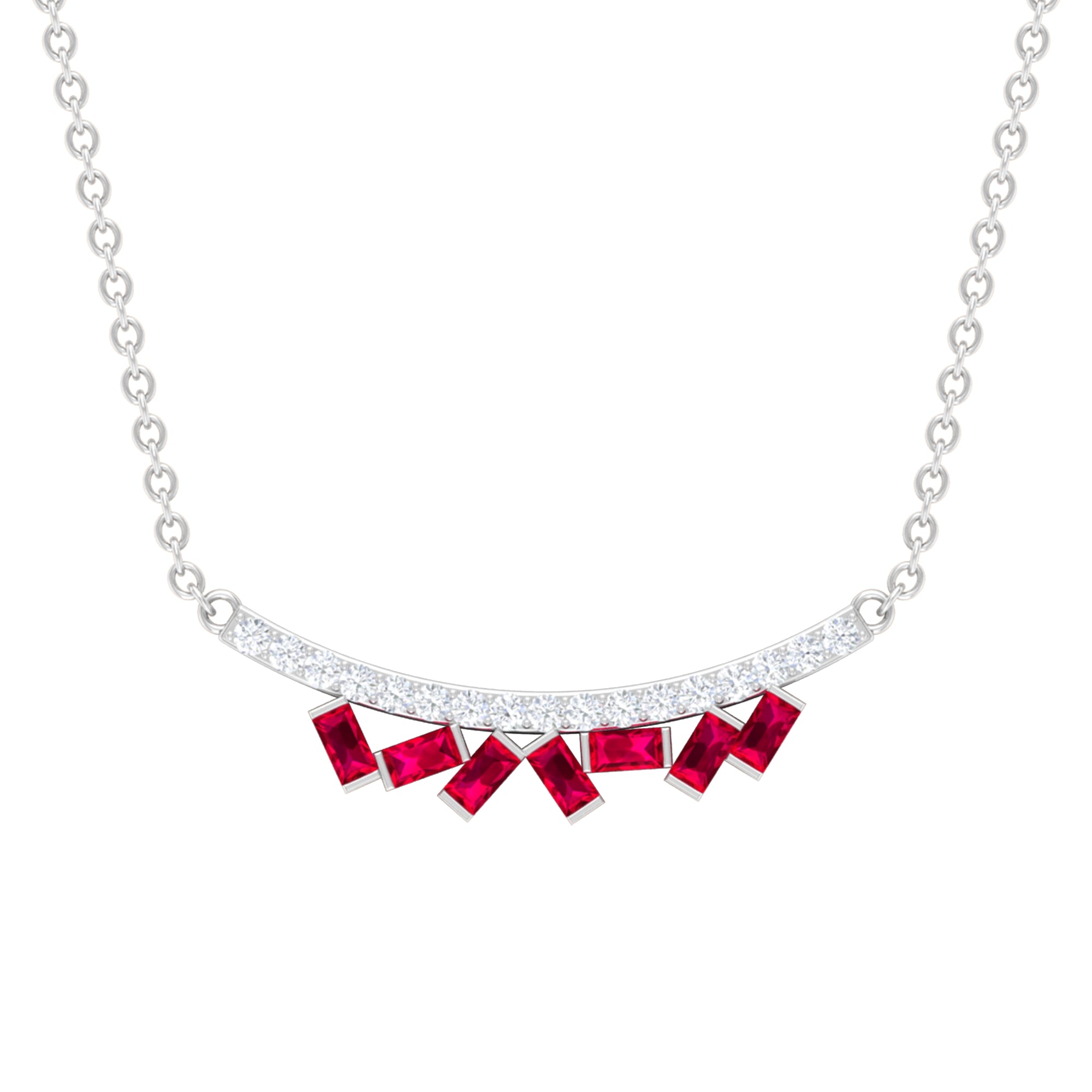 Baguette Cut Ruby Cluster Necklace with Diamond Curved Bar Ruby - ( AAA ) - Quality - Rosec Jewels