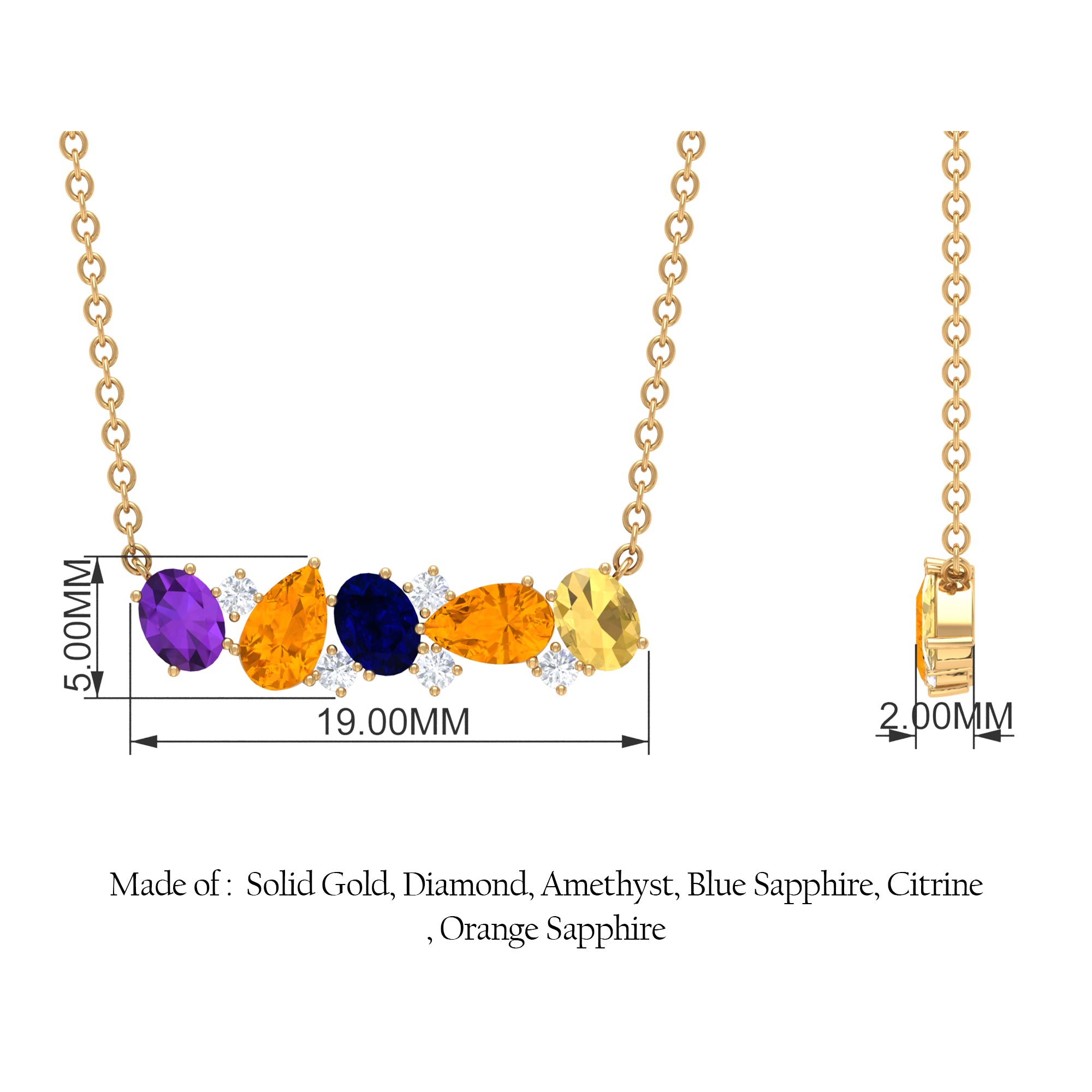 Classic Multi Gemstone Bar Necklace in Gold with Moissanite Amethyst - ( AAA ) - Quality - Rosec Jewels