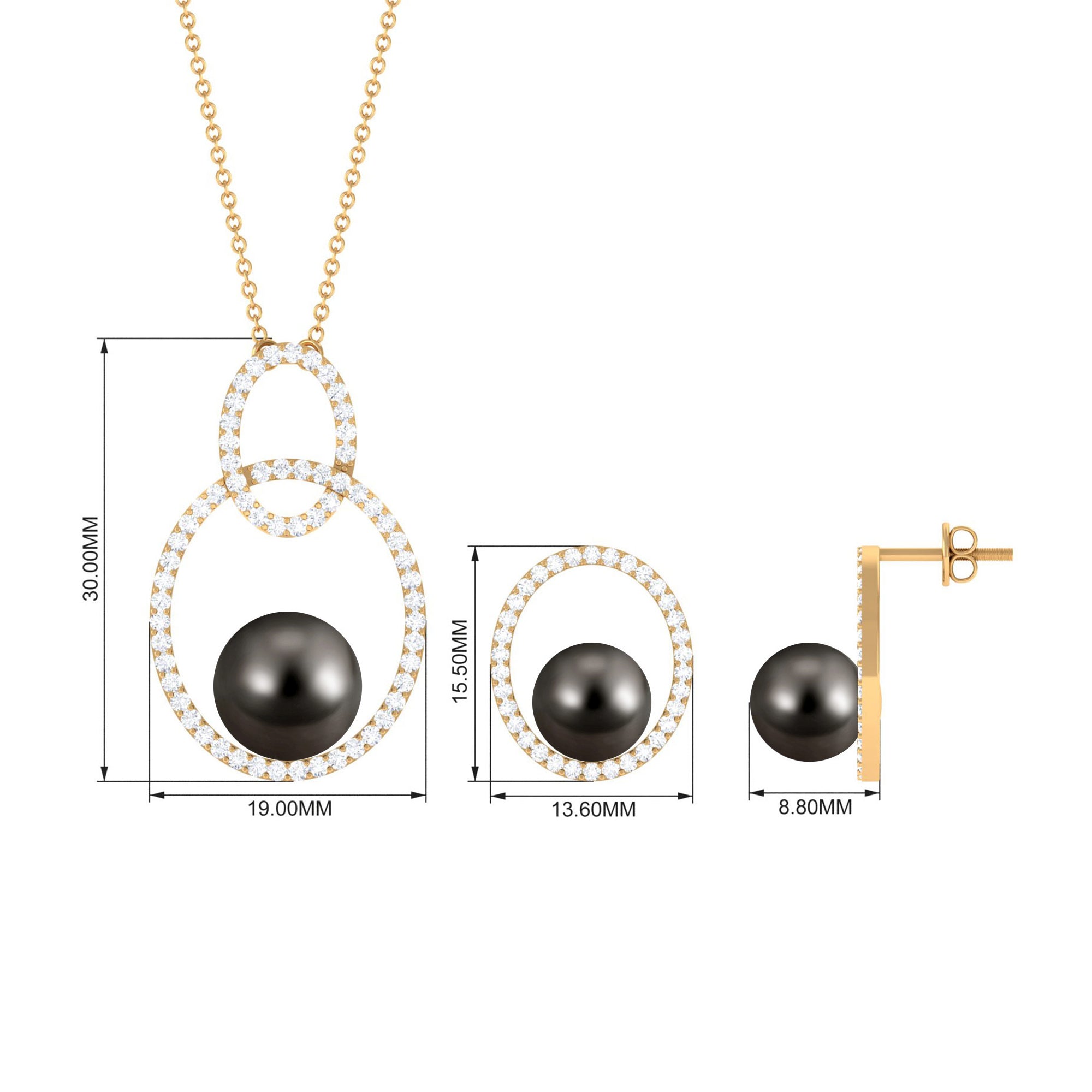 Open Oval Shape Necklace Earrings Set with Round Tahitian Pearl and Moissanite Tahitian pearl - ( AAA ) - Quality - Rosec Jewels