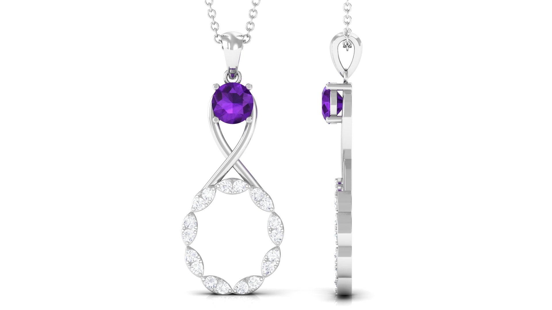 Real Amethyst Infinity Drop Pendant Necklace with Diamond Amethyst - ( AAA ) - Quality - Rosec Jewels