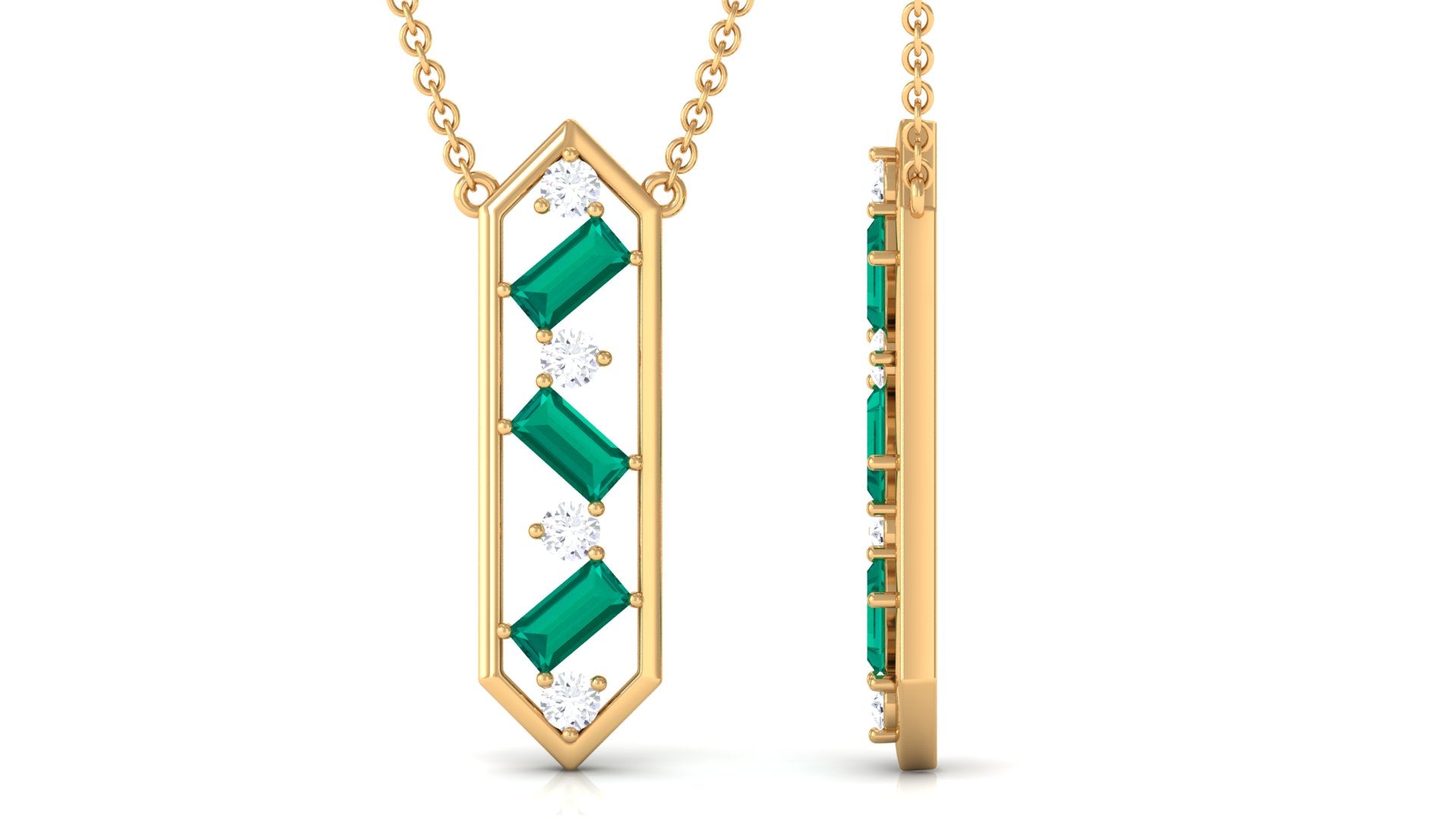 Real Emerald Geometric Dangle Necklace with Diamond Emerald - ( AAA ) - Quality - Rosec Jewels