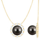 Round Tahitian Pearl Solitaire Necklace with Diamond and Beaded Detailing Tahitian pearl - ( AAA ) - Quality - Rosec Jewels