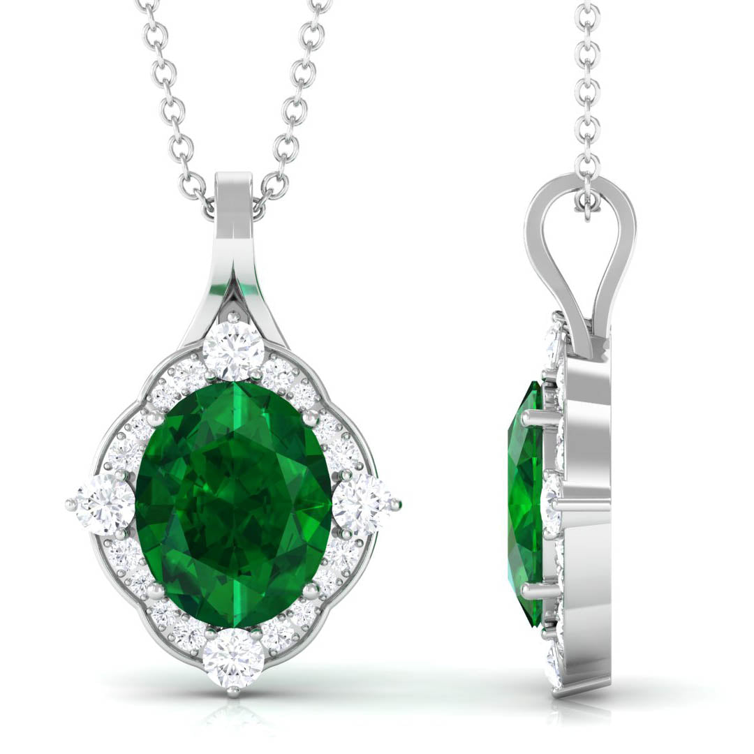 Vintage Style Oval Halo Pendant with Created Emerald and Diamond Lab Created Emerald - ( AAAA ) - Quality - Rosec Jewels