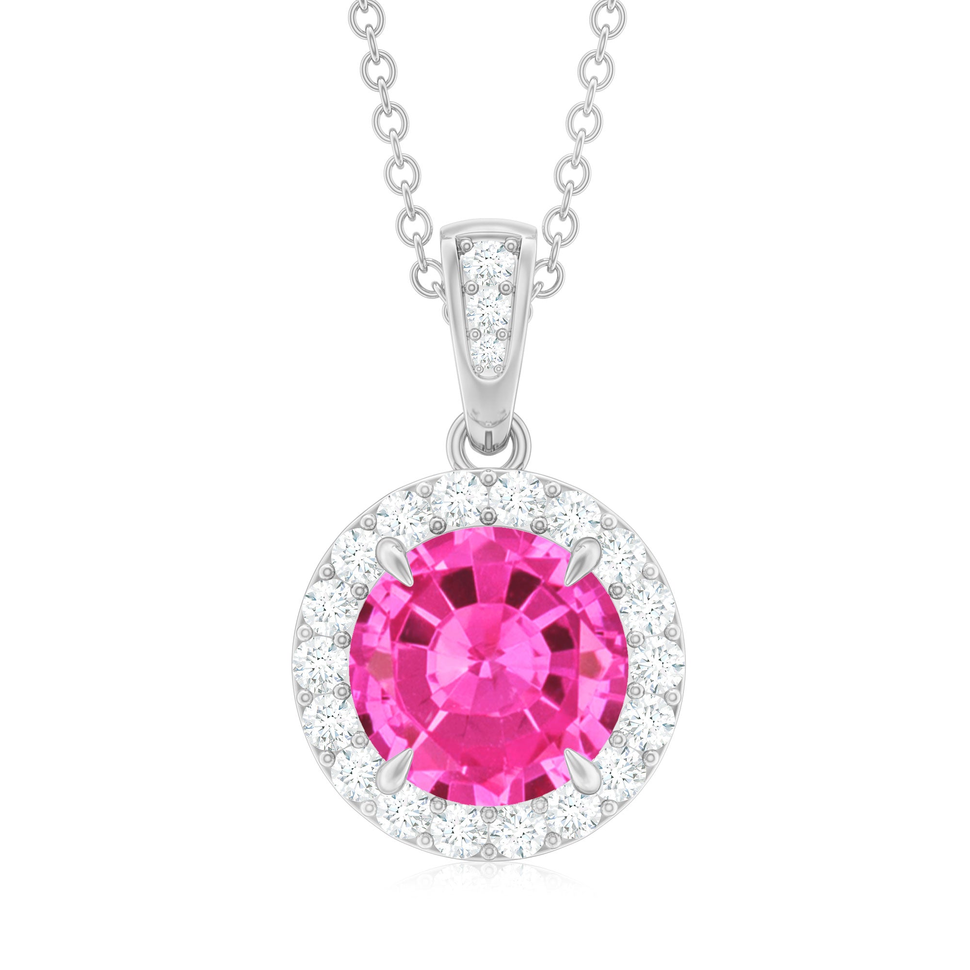 Lab-Created Pink Sapphire Halo Pendant with Diamond Lab Created Pink Sapphire - ( AAAA ) - Quality - Rosec Jewels