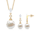 Freshwater Pearl Simple Dangle Drop Pendant and Earrings Set with Diamond Freshwater Pearl - ( AAA ) - Quality - Rosec Jewels