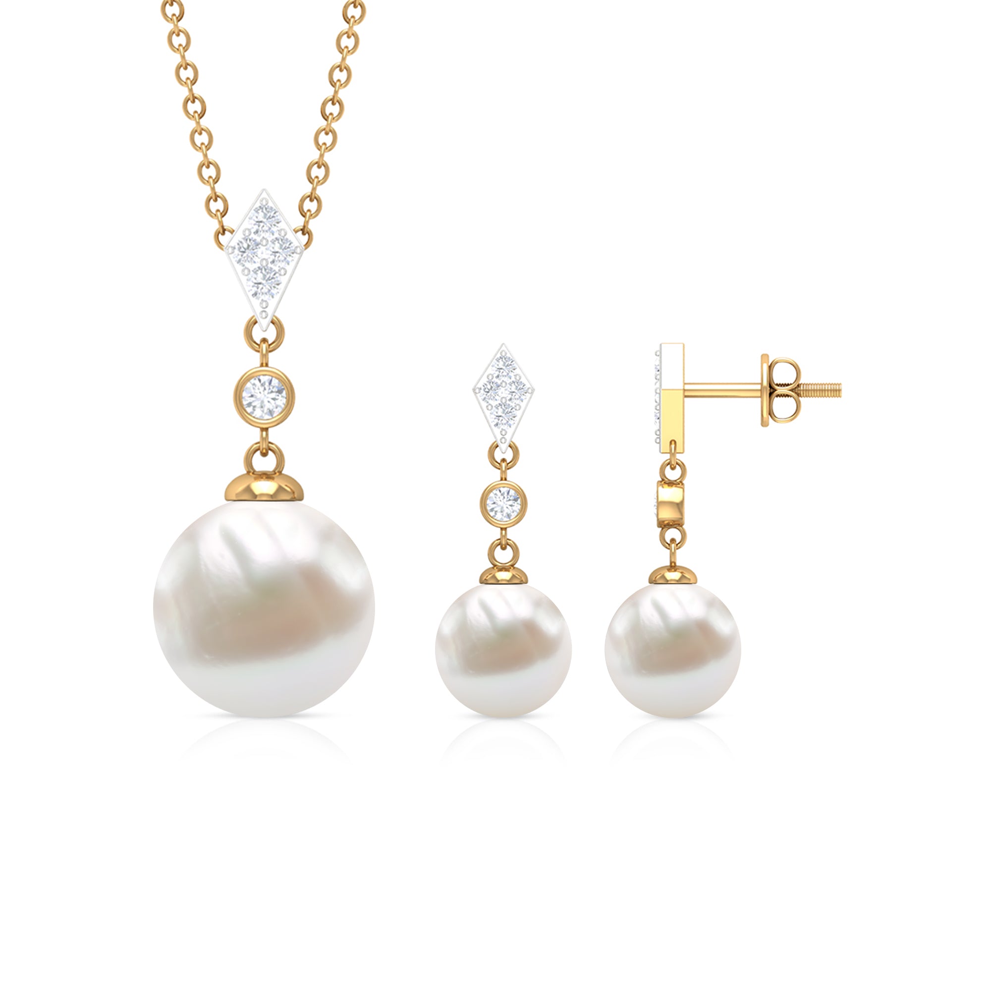 Freshwater Pearl Simple Dangle Drop Pendant and Earrings Set with Diamond Freshwater Pearl - ( AAA ) - Quality - Rosec Jewels