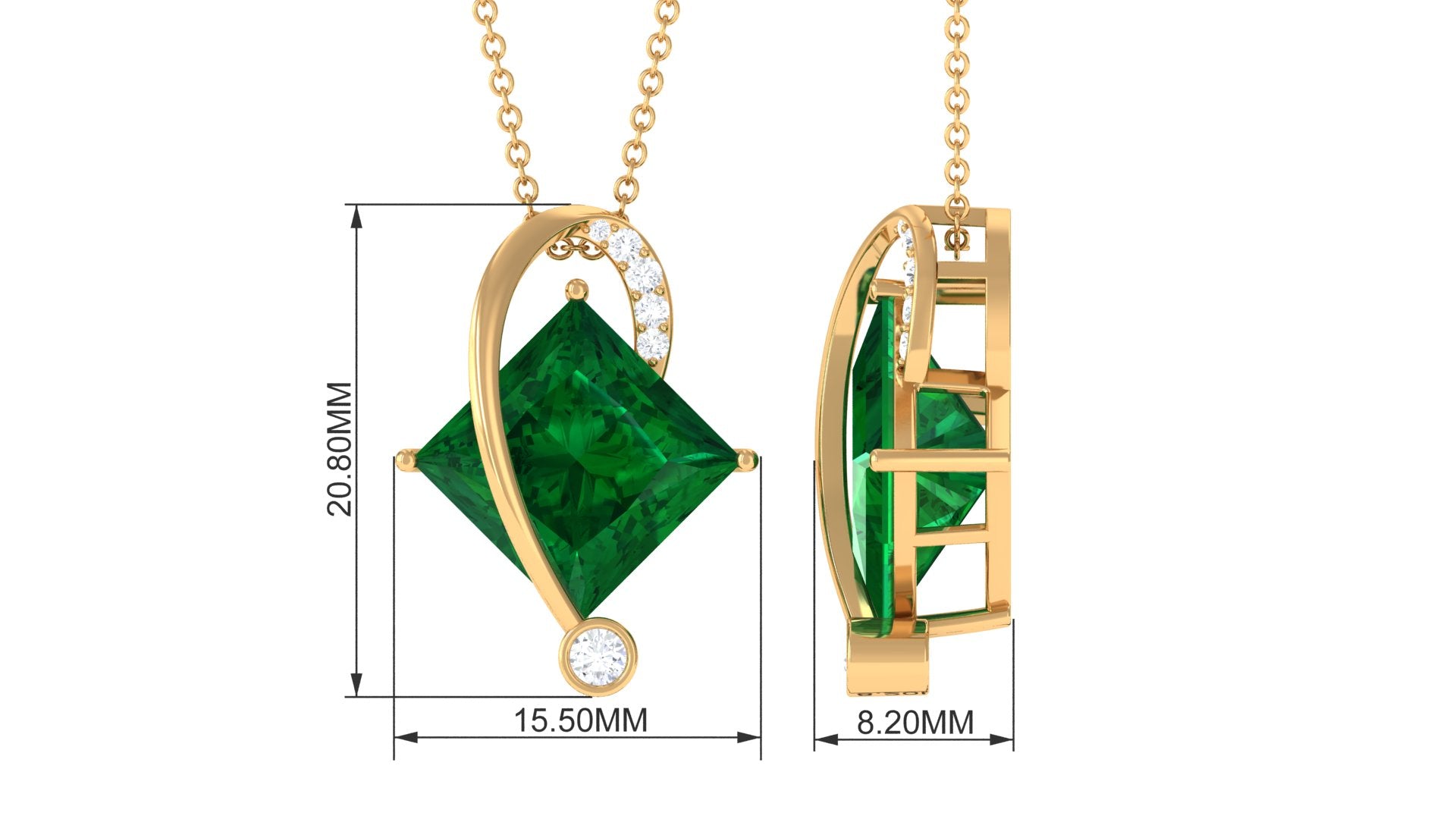 Certified Created Emerald Princess Cut Solitaire Diagonal Pendant with Diamond Lab Created Emerald - ( AAAA ) - Quality - Rosec Jewels