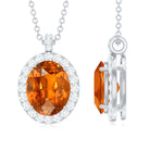 Oval Created Orange Sapphire and Diamond Halo Pendant Lab Created Orange Sapphire - ( AAAA ) - Quality - Rosec Jewels