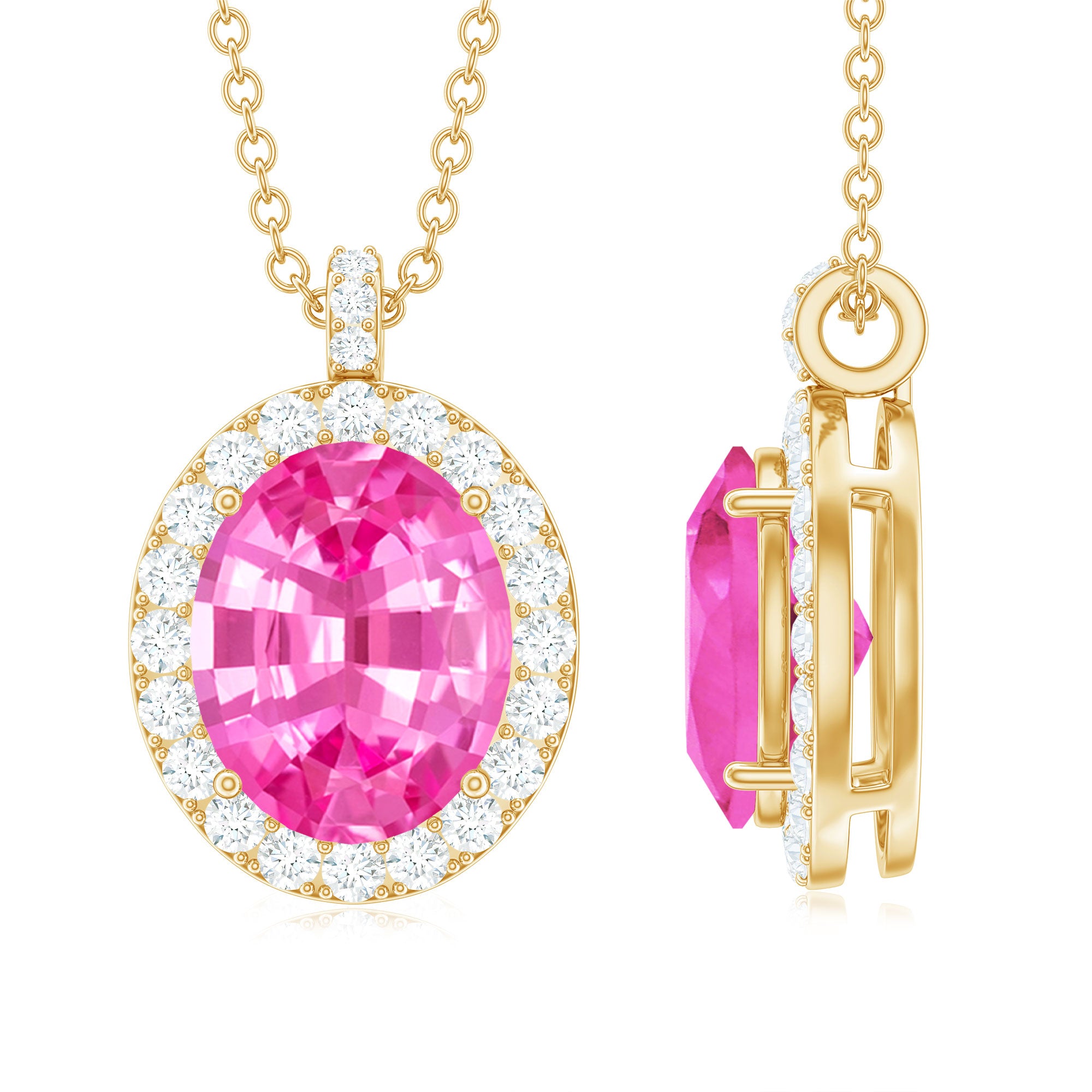 Oval Created Pink Sapphire Halo Pendant with Diamond Lab Created Pink Sapphire - ( AAAA ) - Quality - Rosec Jewels