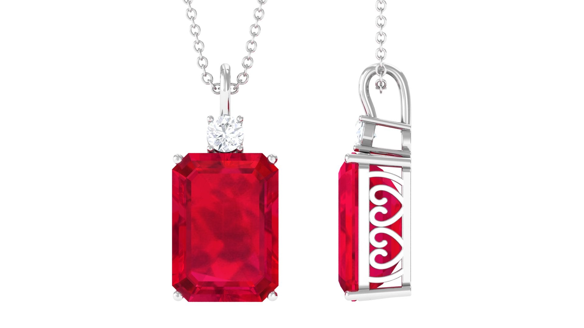 Octagon Cut Created Ruby Solitaire Pendant with Moissanite Lab Created Ruby - ( AAAA ) - Quality - Rosec Jewels