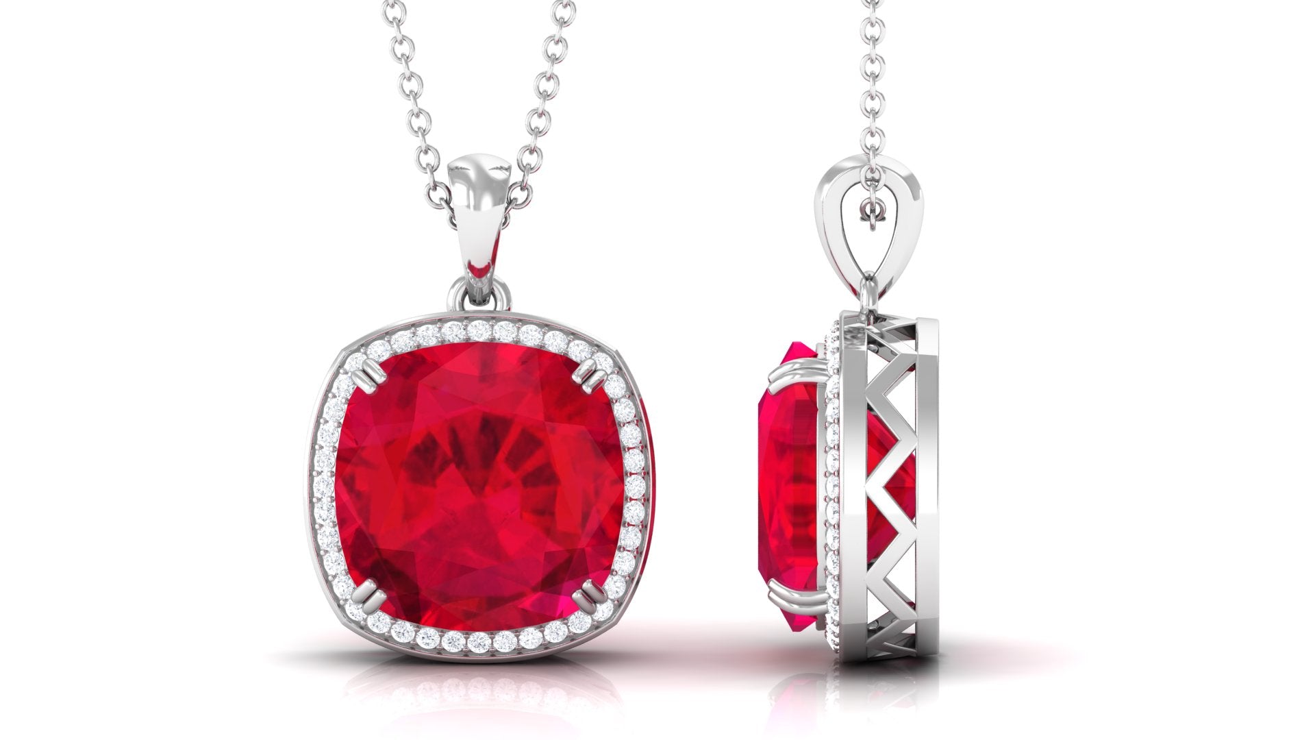 Cushion Cut Created Ruby Halo Pendant Necklace Lab Created Ruby - ( AAAA ) - Quality - Rosec Jewels