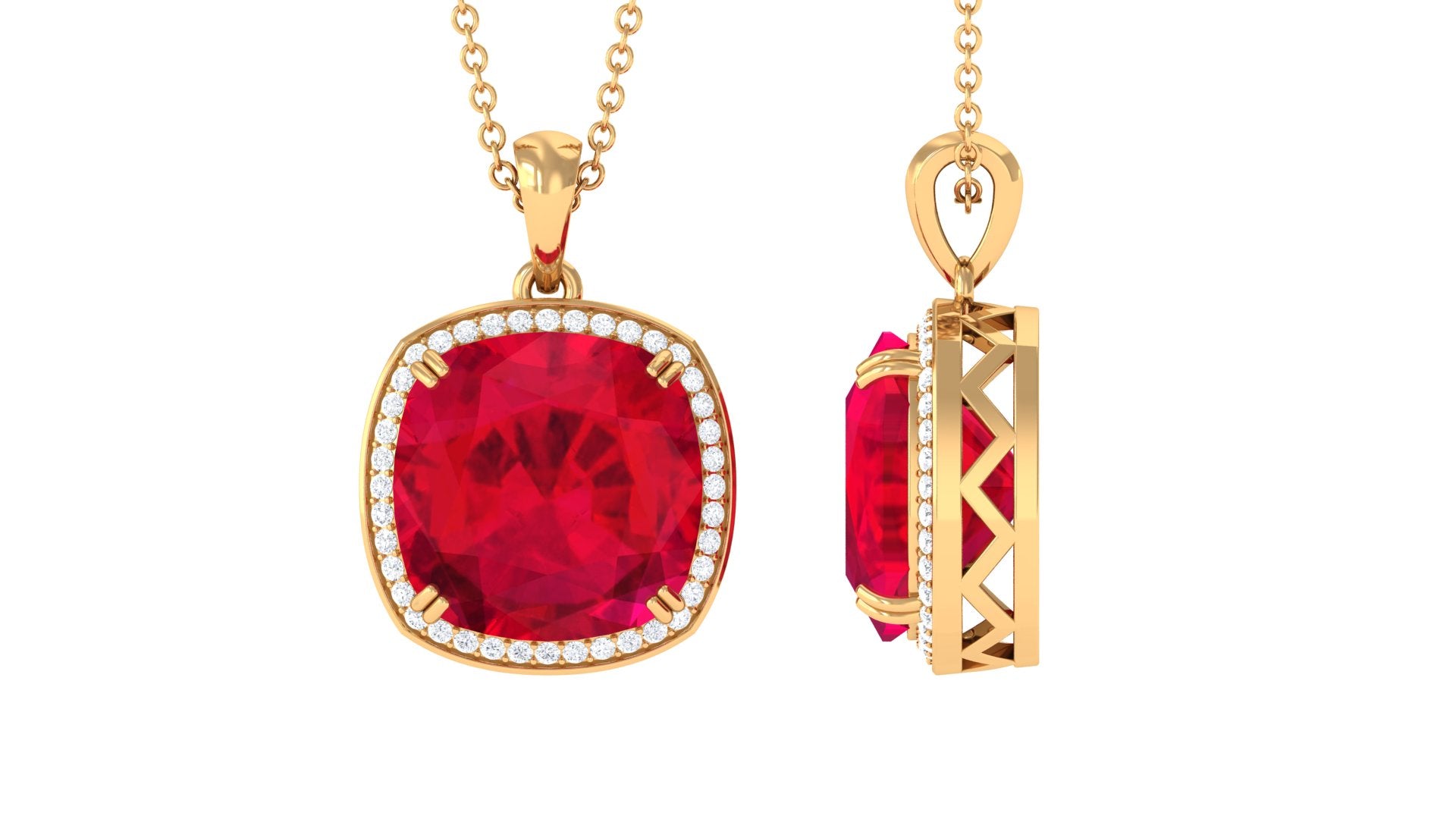 Cushion Cut Created Ruby Halo Pendant Necklace Lab Created Ruby - ( AAAA ) - Quality - Rosec Jewels