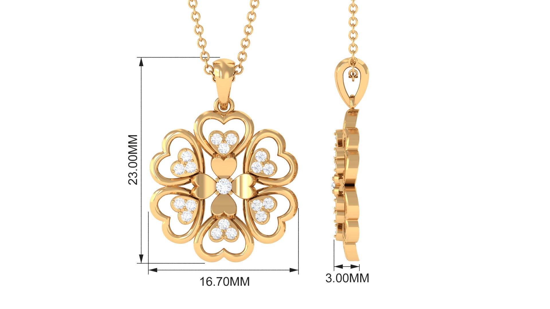 0.25 CT Natural Diamond Heart Gold Petal Flower Pendant Necklace Diamond - ( HI-SI ) - Color and Clarity - Rosec Jewels