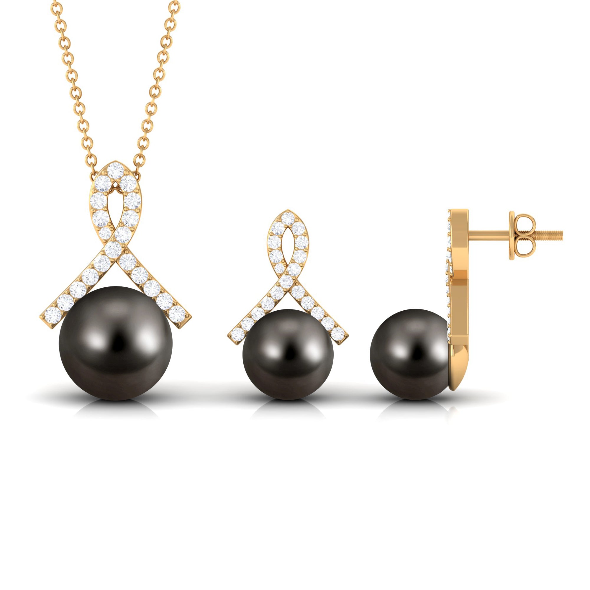 Solitaire Tahitian Pearl Pendant and Earrings Set with Moissanite Tahitian pearl - ( AAA ) - Quality - Rosec Jewels