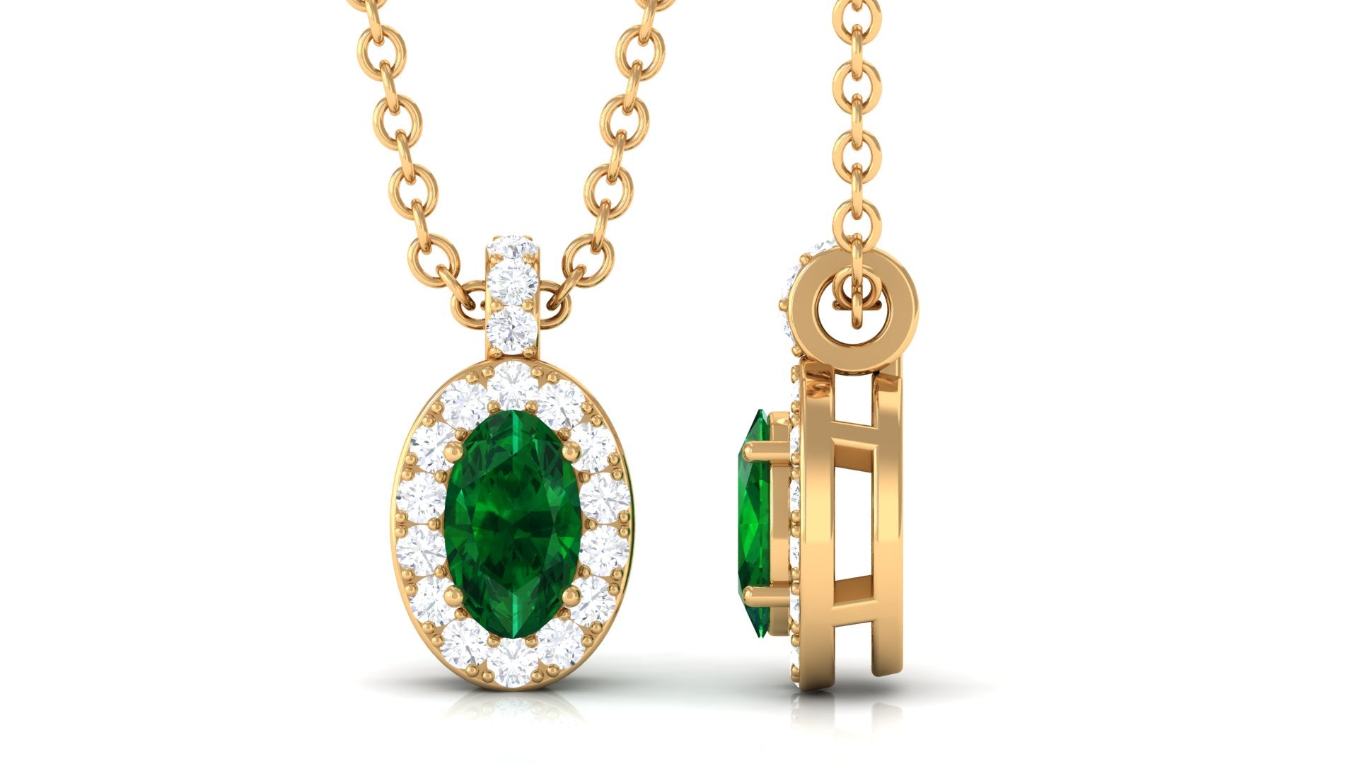 Created Emerald Oval Pendant Necklace with Diamond Lab Created Emerald - ( AAAA ) - Quality - Rosec Jewels