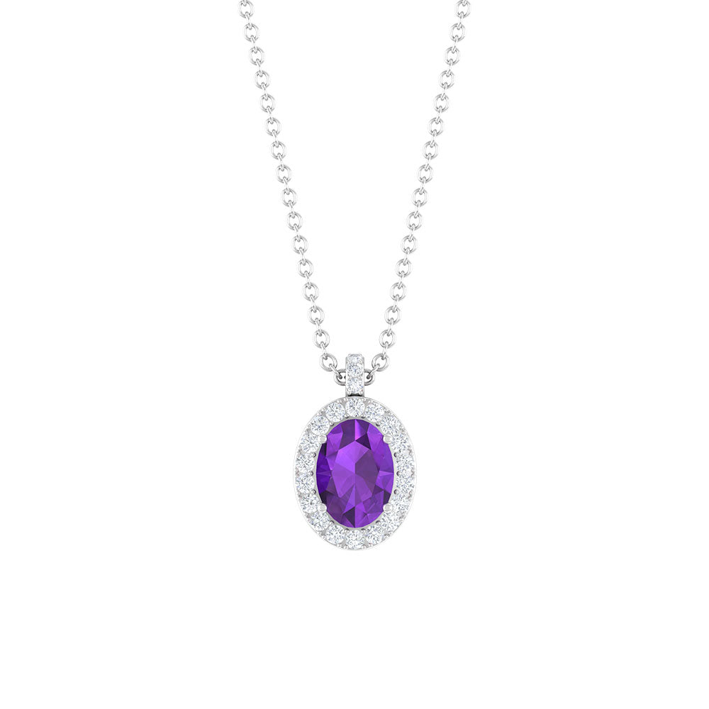 Oval Cut Amethyst and Diamond Halo Pendant Amethyst - ( AAA ) - Quality - Rosec Jewels