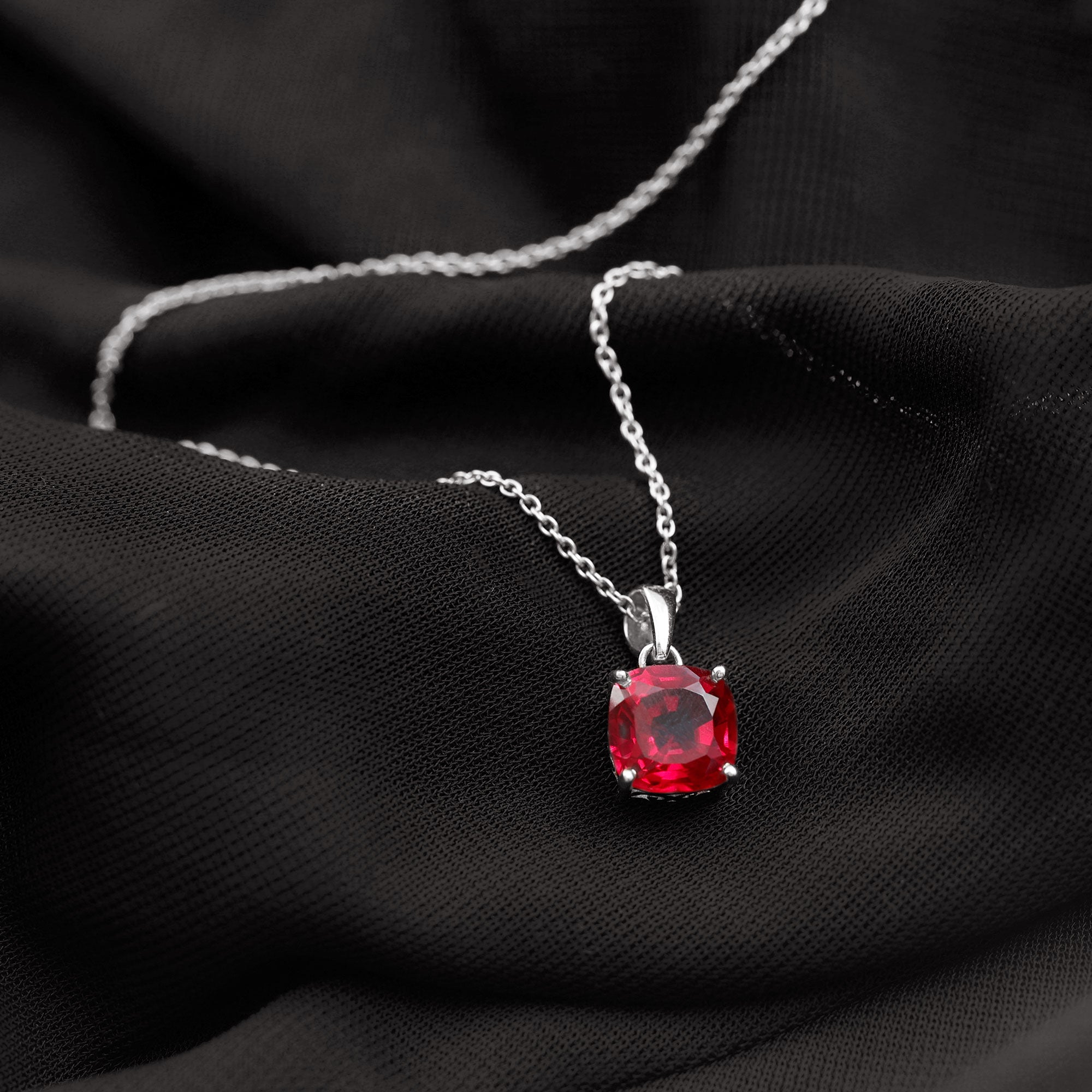 8 MM 4 Prong Set Cushion Shape Created Ruby Solitaire Pendant Lab Created Ruby - ( AAAA ) - Quality - Rosec Jewels