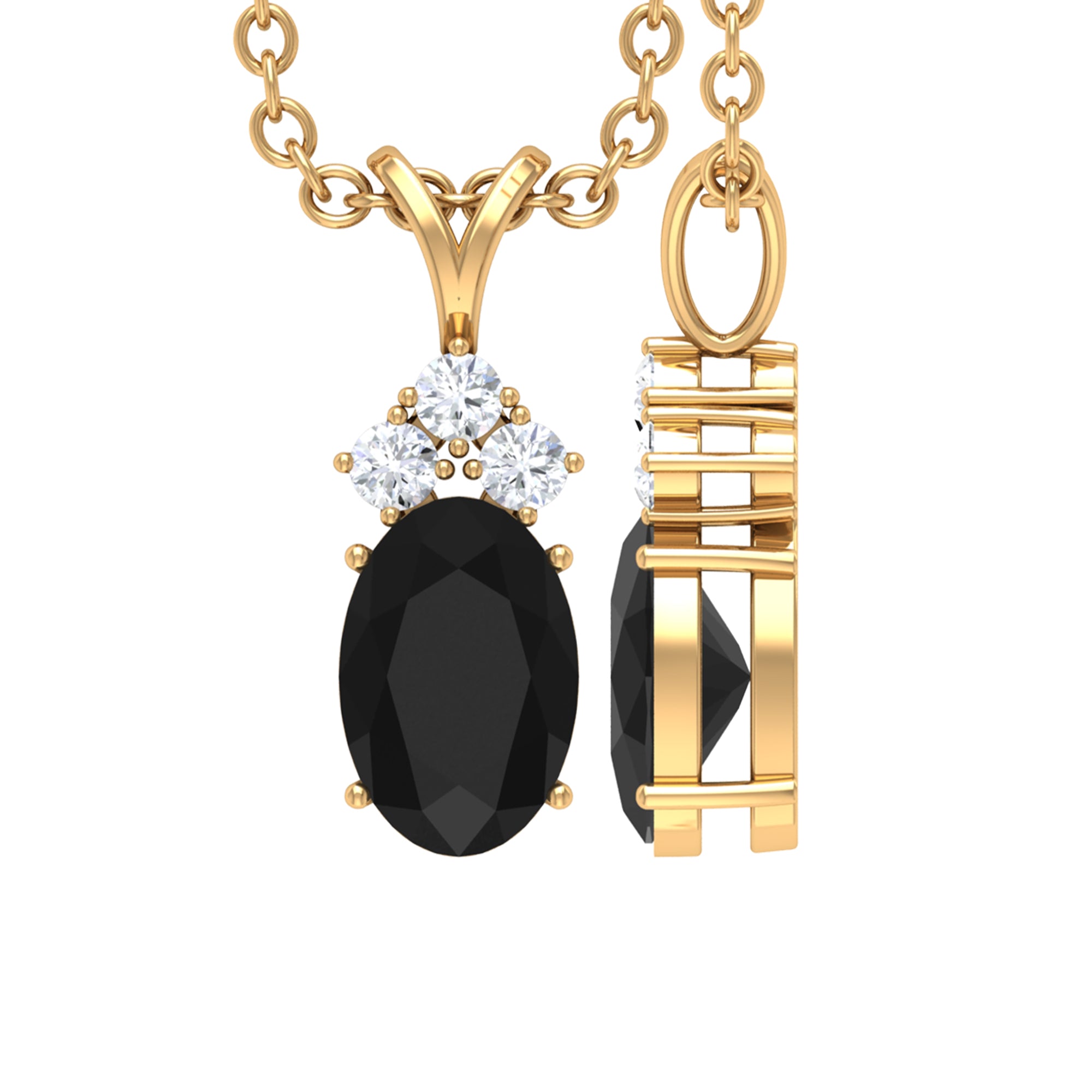 Minimal Black Onyx Oval Pendant Necklace with Diamond Black Onyx - ( AAA ) - Quality - Rosec Jewels