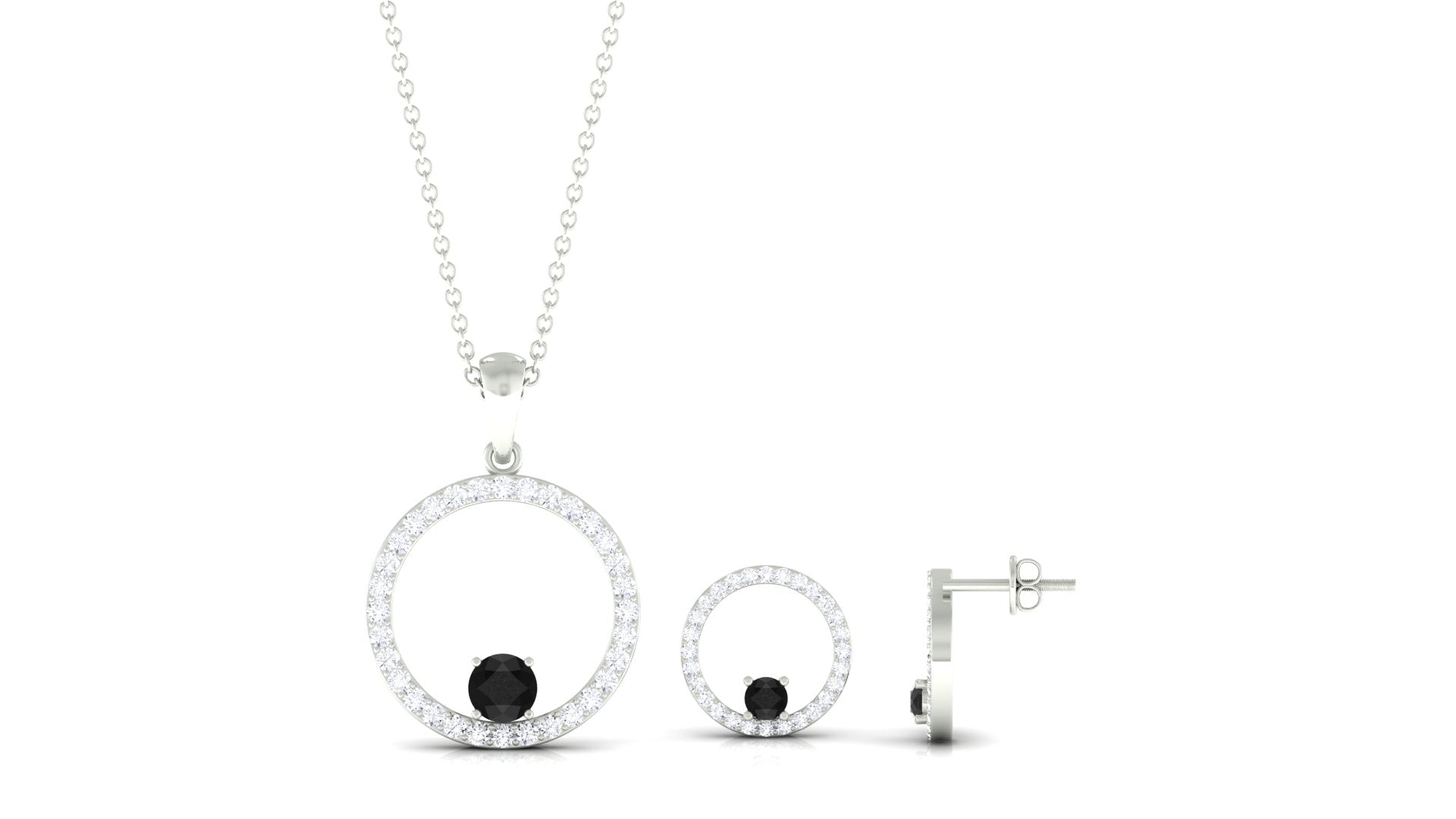 1 CT Black Onyx and Moissanite Open Circle Pendant and Earrings Black Onyx - ( AAA ) - Quality - Rosec Jewels