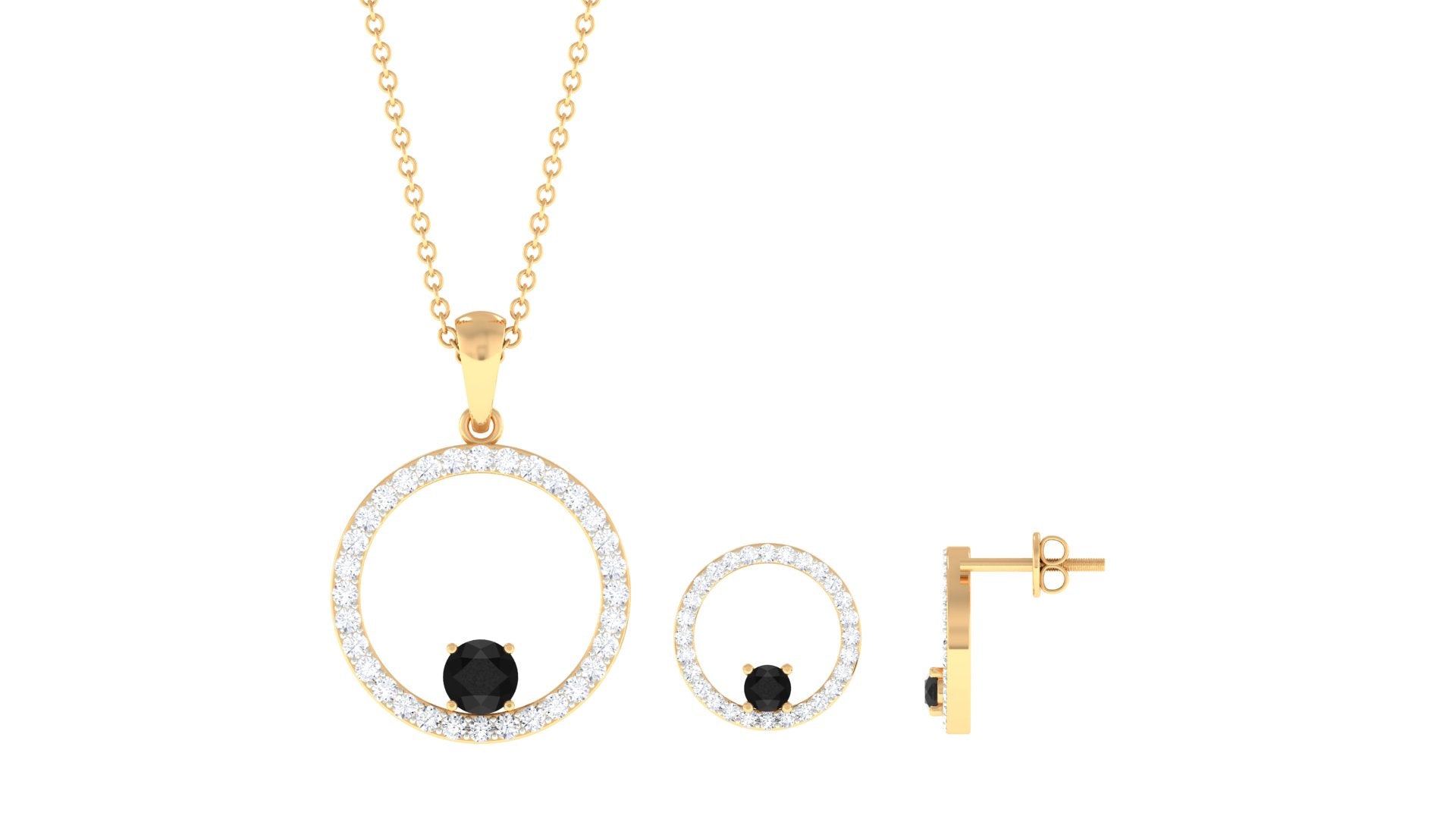 1 CT Black Onyx and Moissanite Open Circle Pendant and Earrings Black Onyx - ( AAA ) - Quality - Rosec Jewels