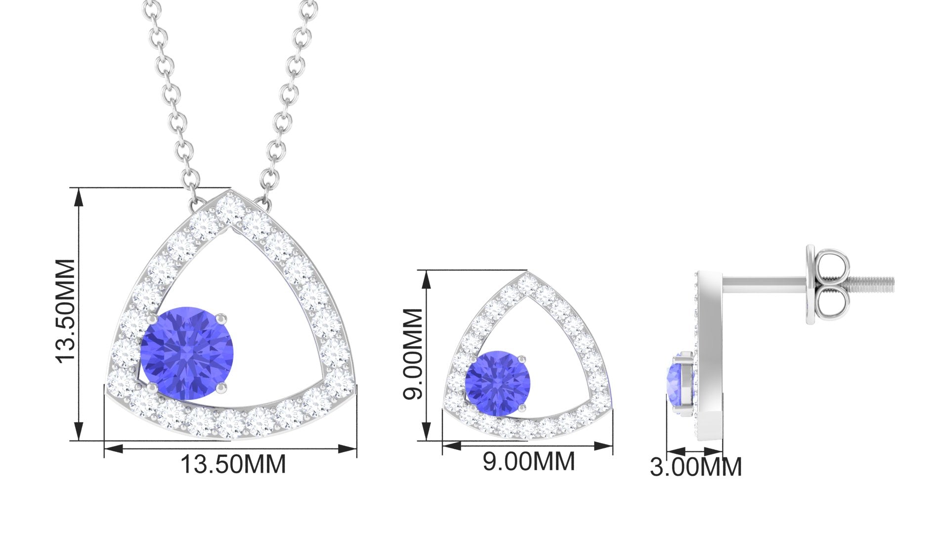 Real Tanzanite and Moissanite Open Triangle Jewelry Set Tanzanite - ( AAA ) - Quality - Rosec Jewels