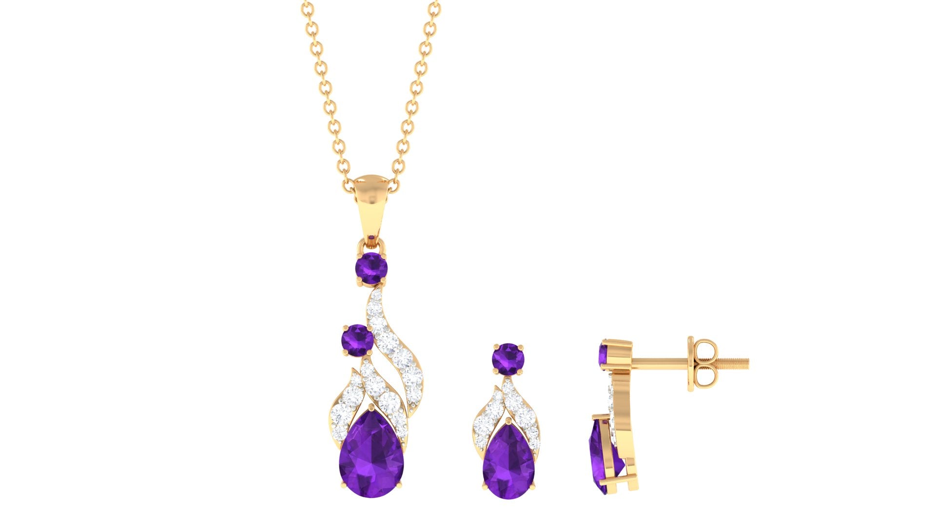 Real Amethyst and Diamond Bridal Dangle Pendant Earrings Set Amethyst - ( AAA ) - Quality - Rosec Jewels