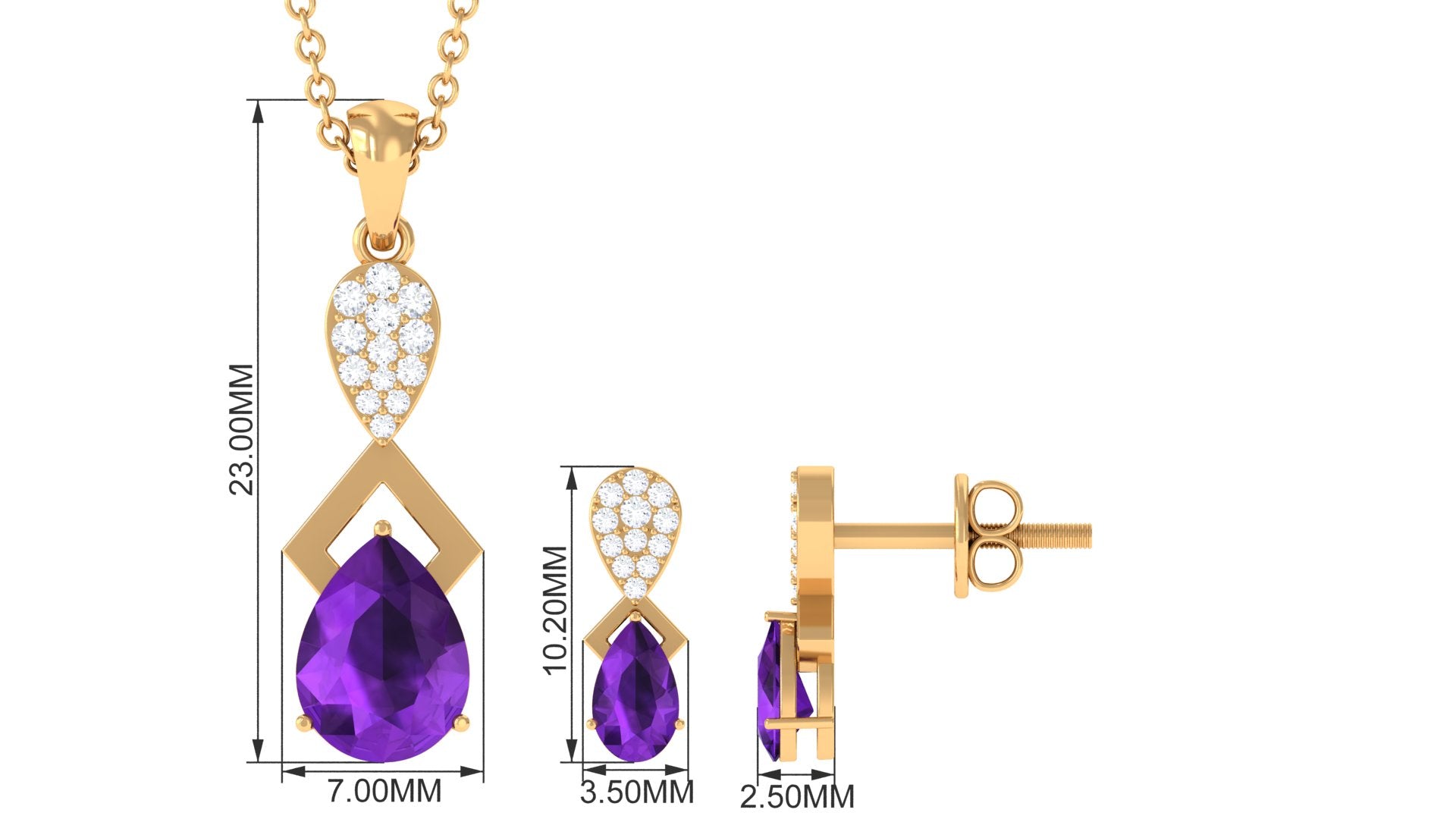 Natural Amethyst and Diamond Dangle Pendant and Earrings Set Amethyst - ( AAA ) - Quality - Rosec Jewels