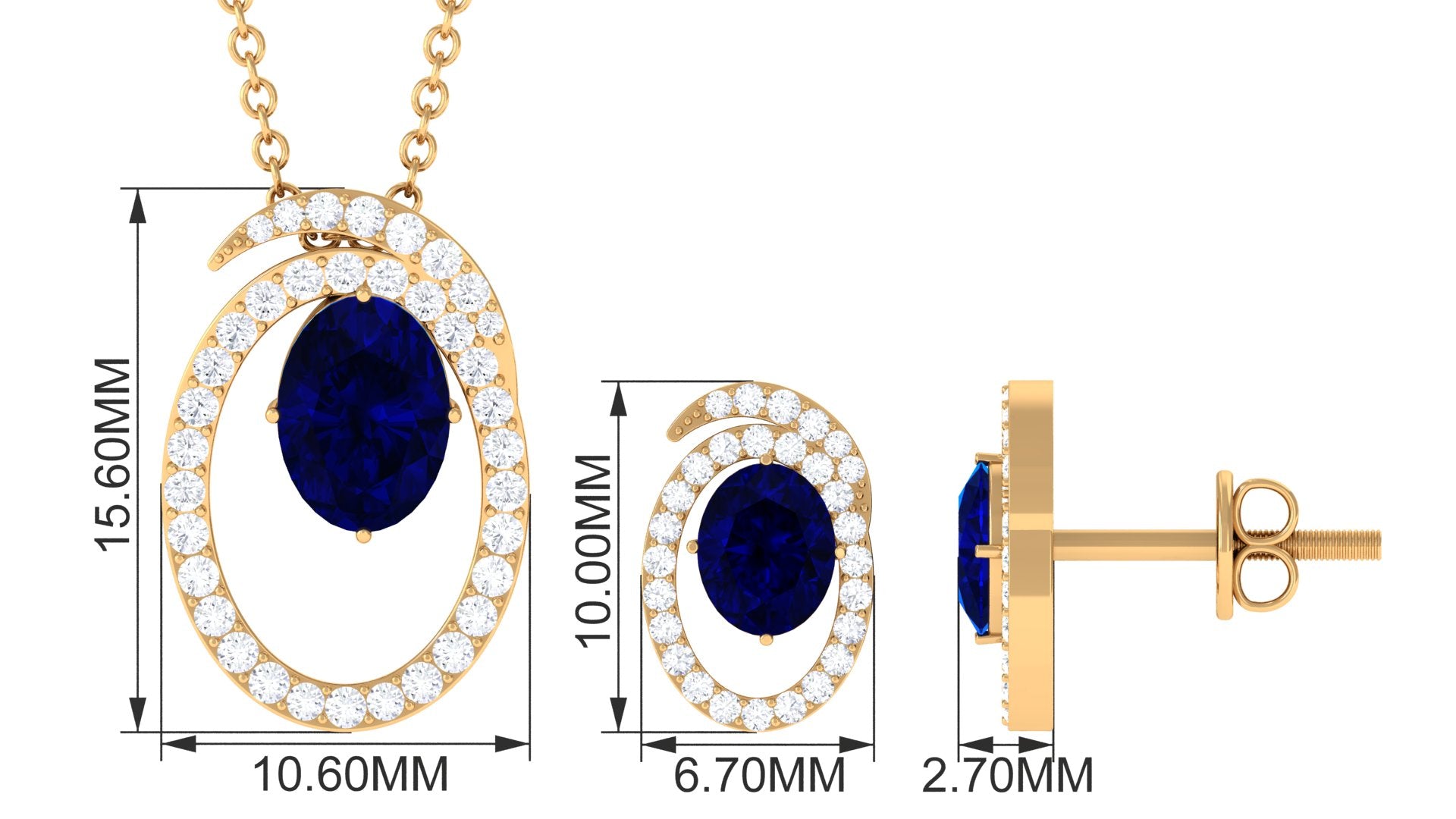 Oval Created Blue Sapphire and Diamond Contemporary Jewelry Set Lab Created Blue Sapphire - ( AAAA ) - Quality - Rosec Jewels