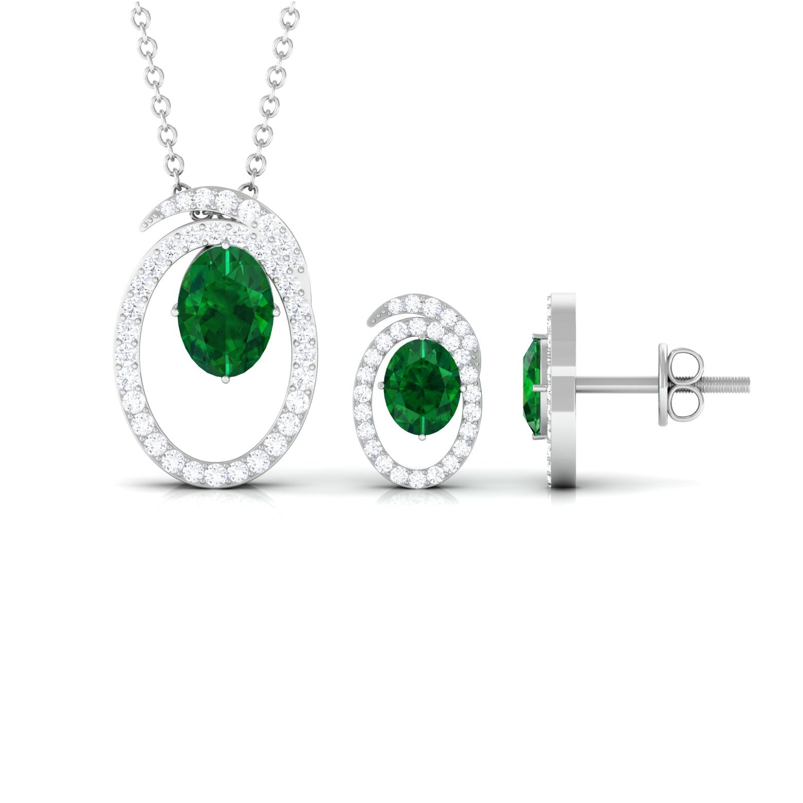 Oval Created Emerald and Moissanite Contemporary Jewelry Set Lab Created Emerald - ( AAAA ) - Quality - Rosec Jewels