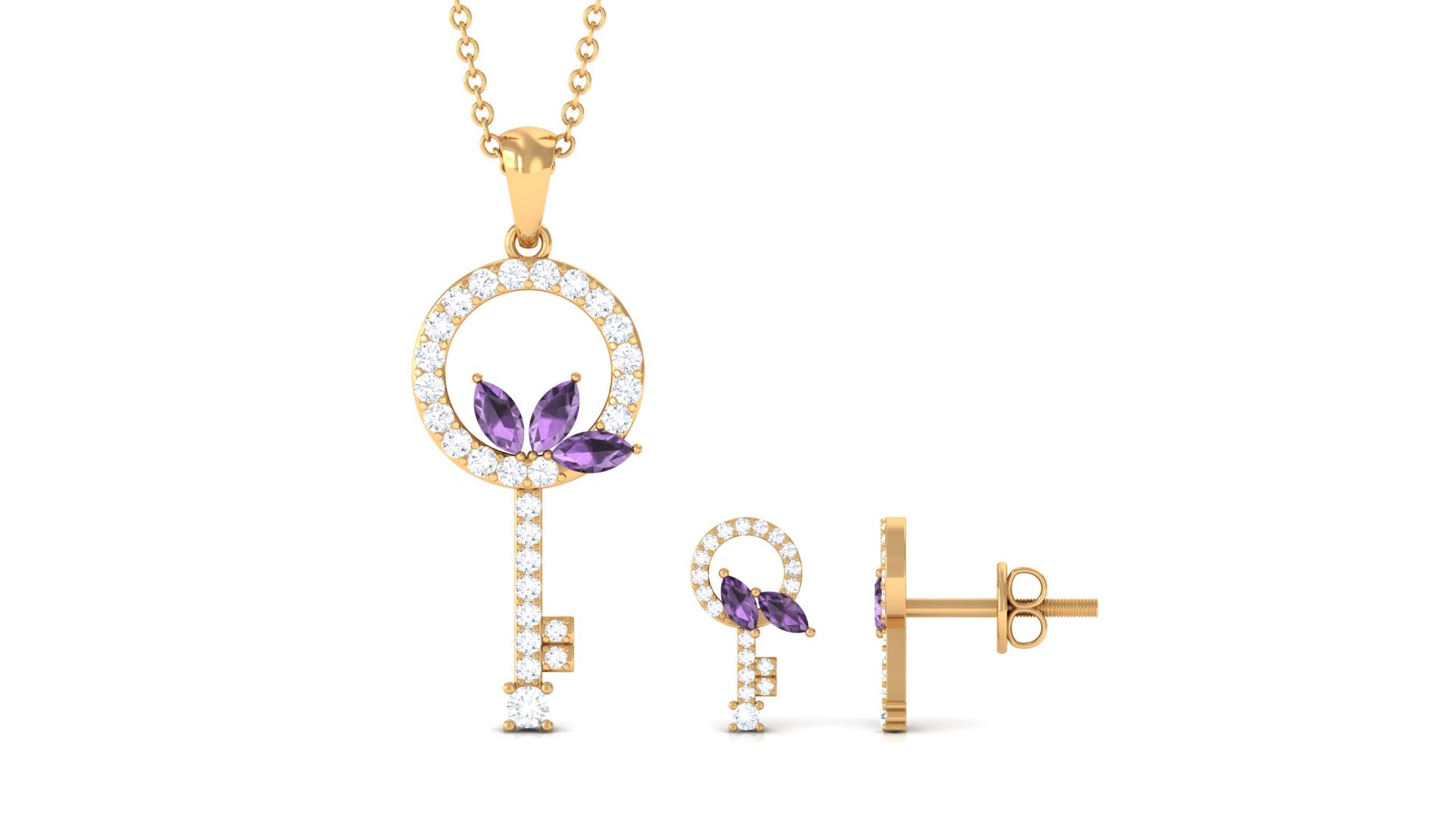 Genuine Amethyst Leaf and Diamond Key Jewelry Set Amethyst - ( AAA ) - Quality - Rosec Jewels