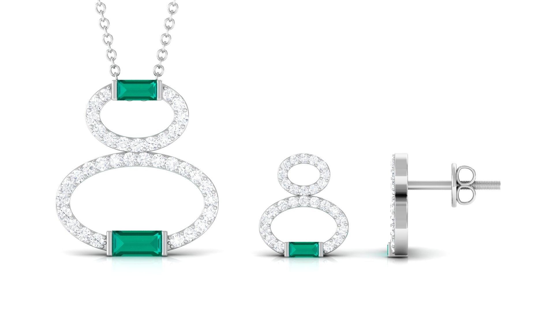 Baguette Cut Emerald Classic Necklace and Earrings Set with Diamond Emerald - ( AAA ) - Quality - Rosec Jewels