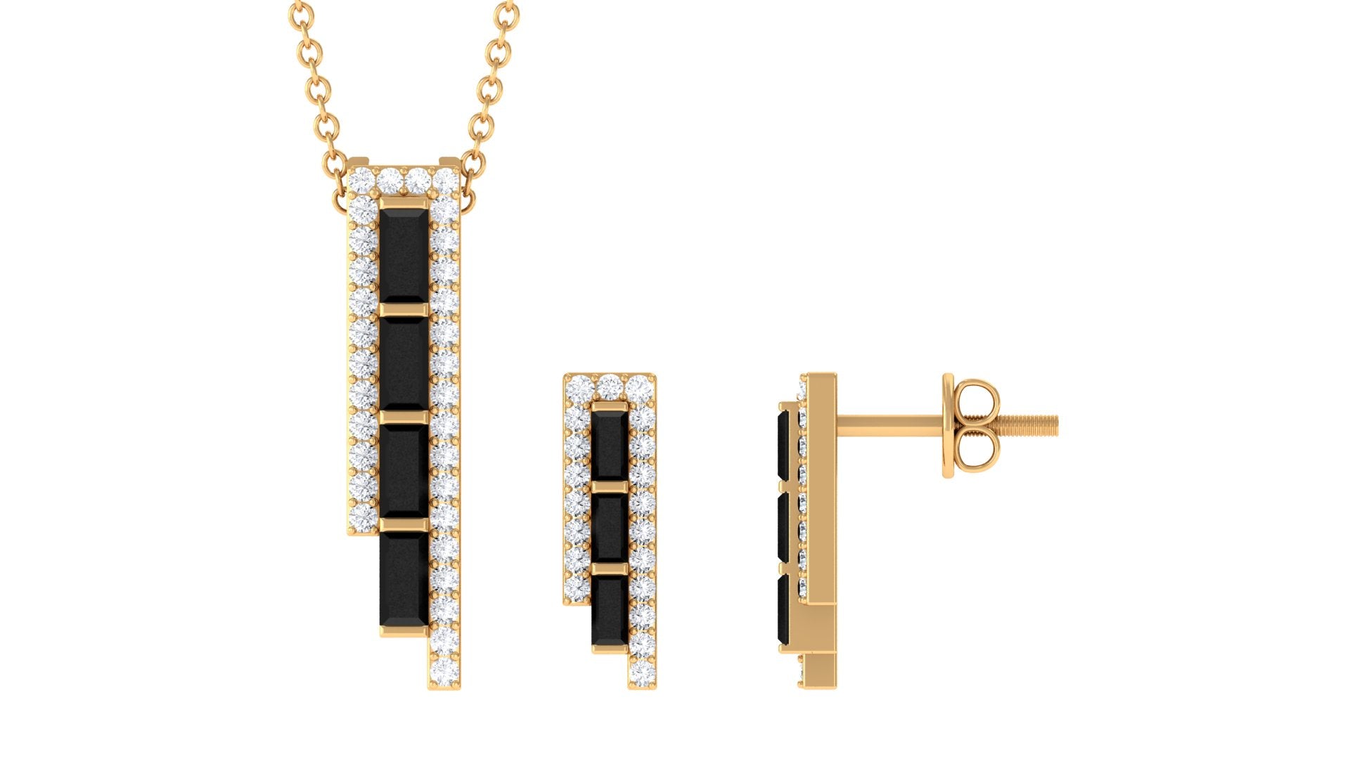 2 CT Baguette Cut Black Onyx Designer Bar Jewelry Set with Diamond Black Onyx - ( AAA ) - Quality - Rosec Jewels